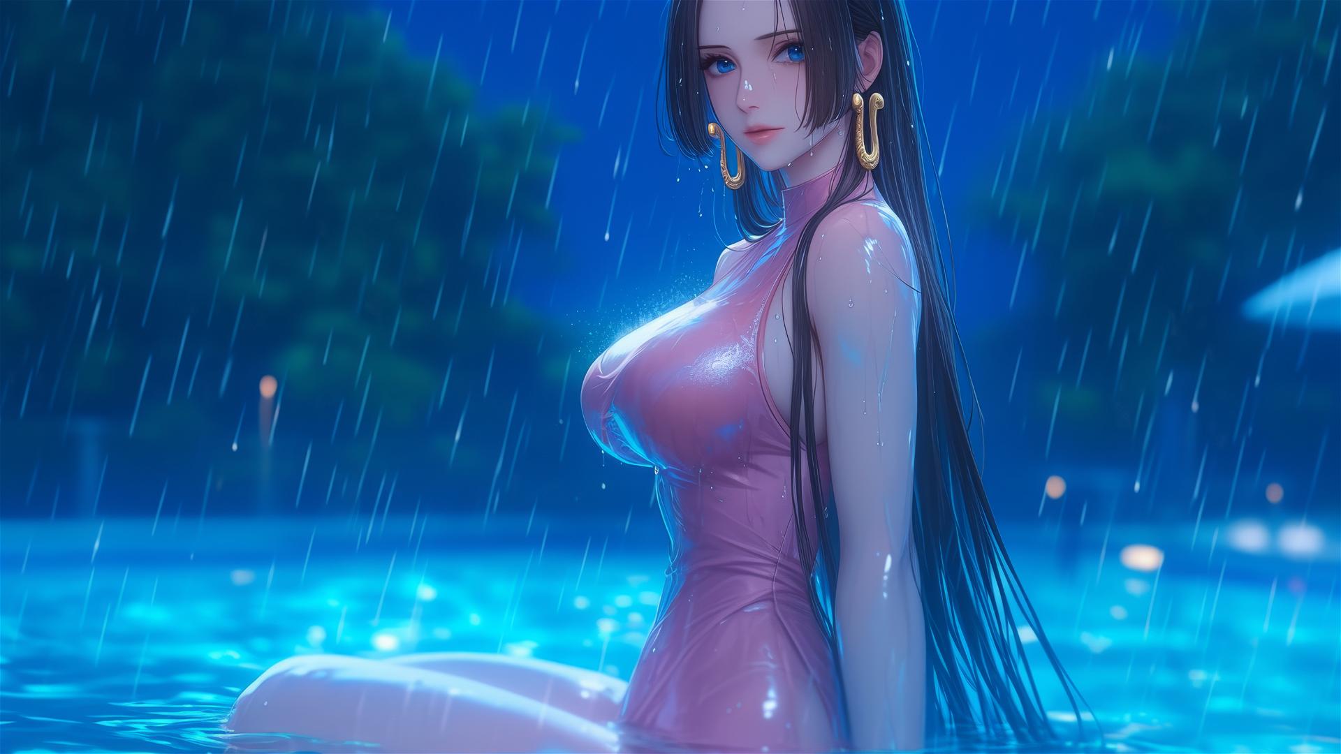 Boa Hancock resting by rainy swimming pool under moonlight in pink dress.