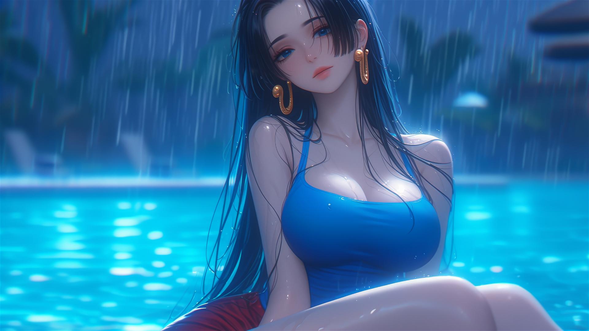 Boa Hancock resting by a rainy swimming pool under moonlight