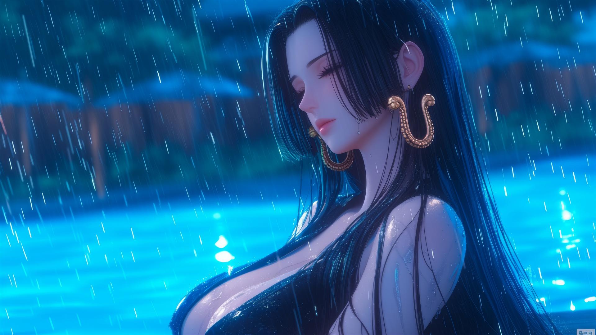 Boa Hancock resting by a rainy swimming pool under moonlight