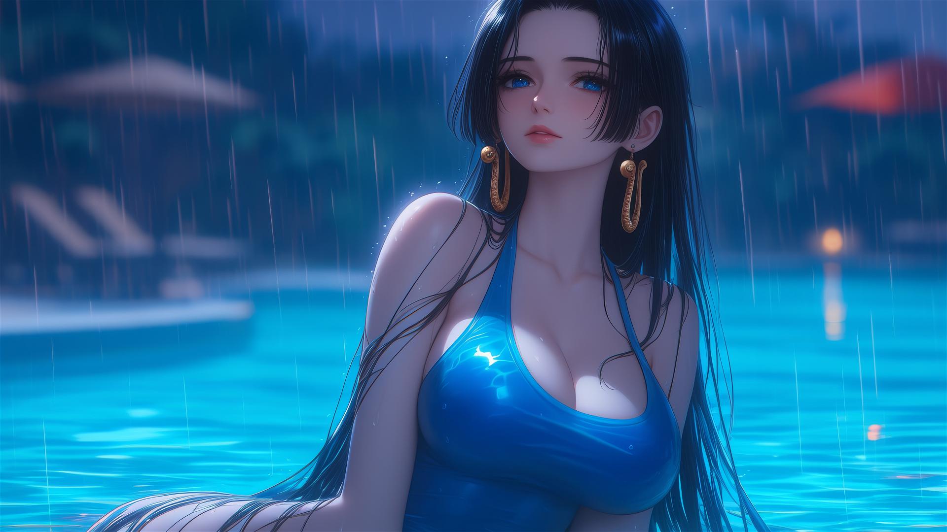 Boa Hancock resting by a rainy swimming pool under moonlight