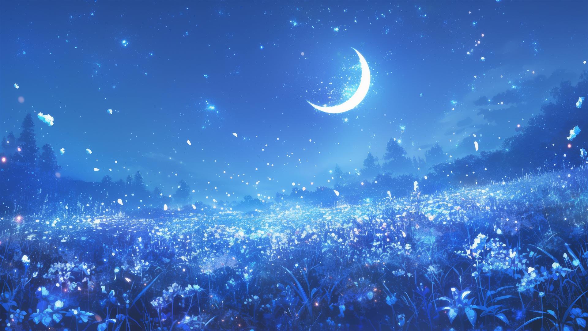 Silvery moonlight on a frosted meadow with icy grass and wildflowers