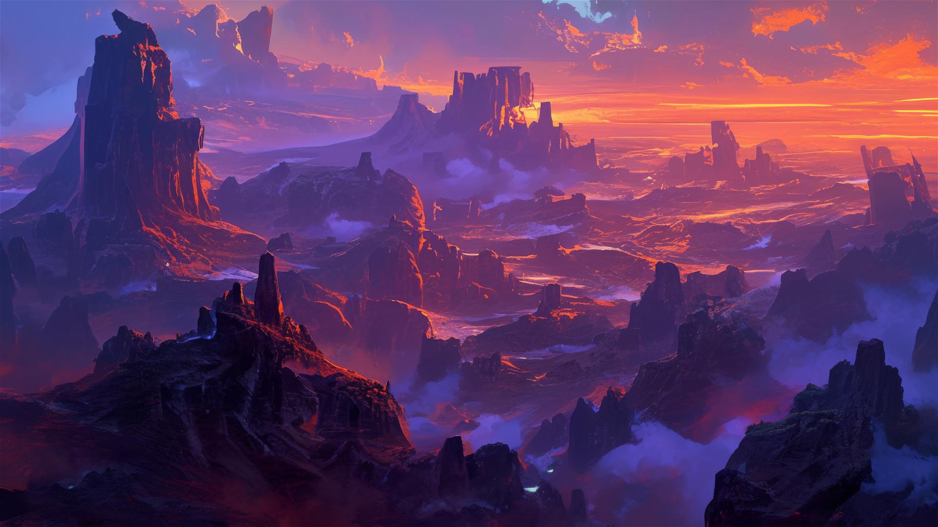 Surreal badlands under a twilight sky with glowing rock formations
