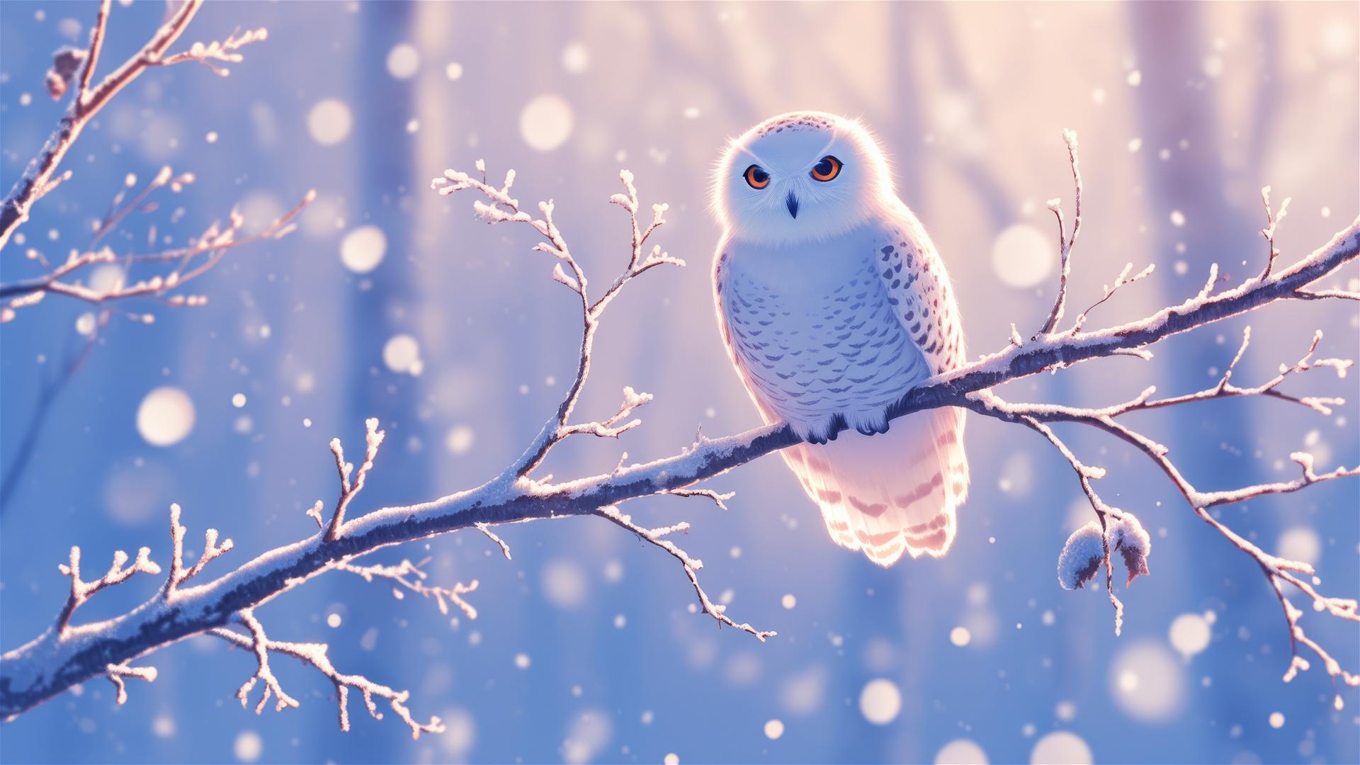Snowy owl perched on frosty branch during quiet snowfall