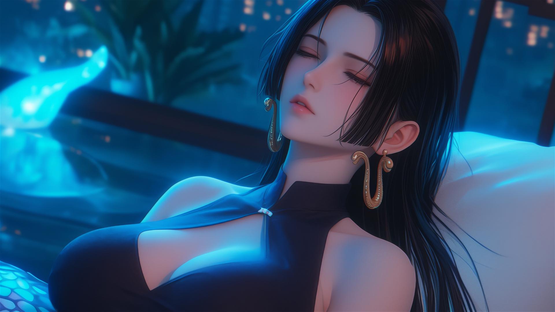 Boa Hancock resting in an apartment with moonlight glow and short hair.