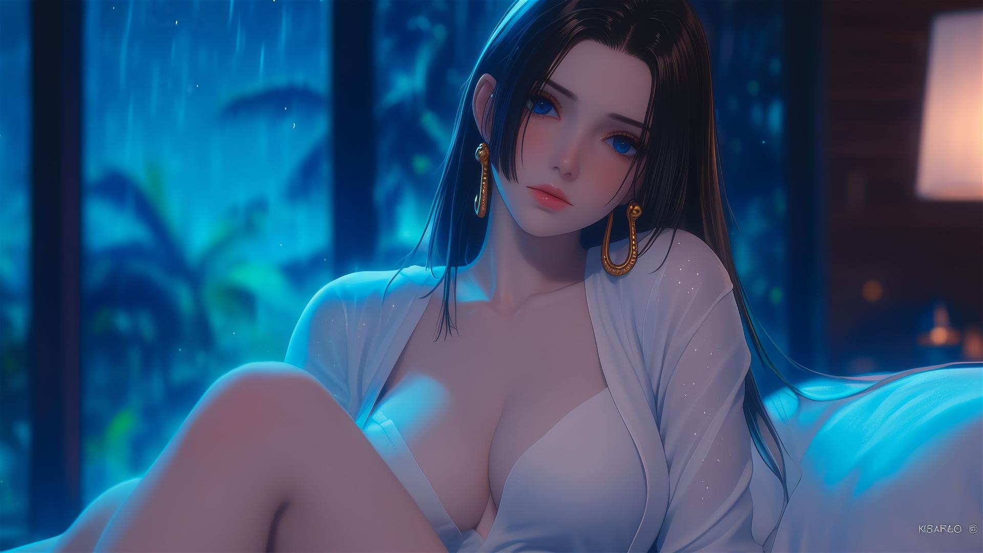 Boa Hancock from One Piece resting in apartment, moonlight soft glow, short hair.