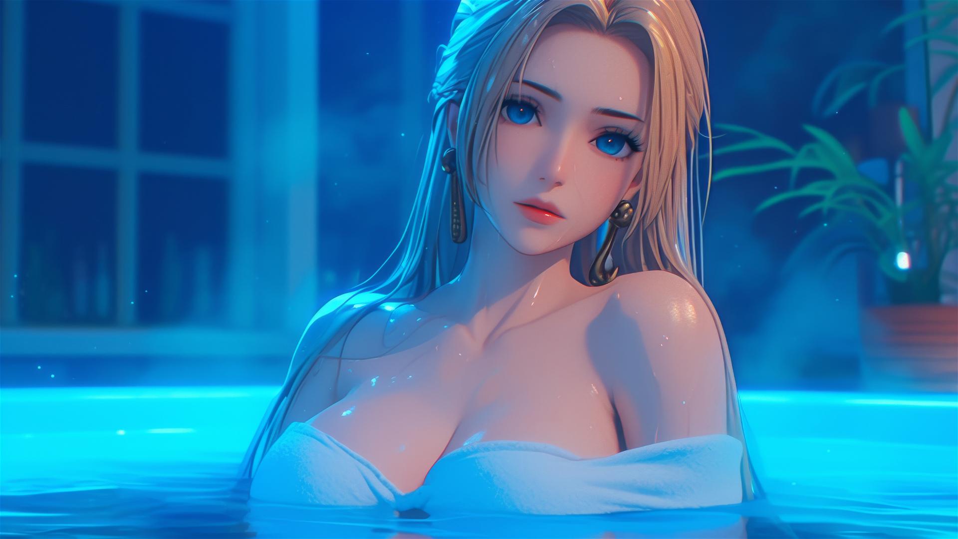 Boa Hancock from One Piece relaxing in a tub with moonlight glow, blond and reddish hair.