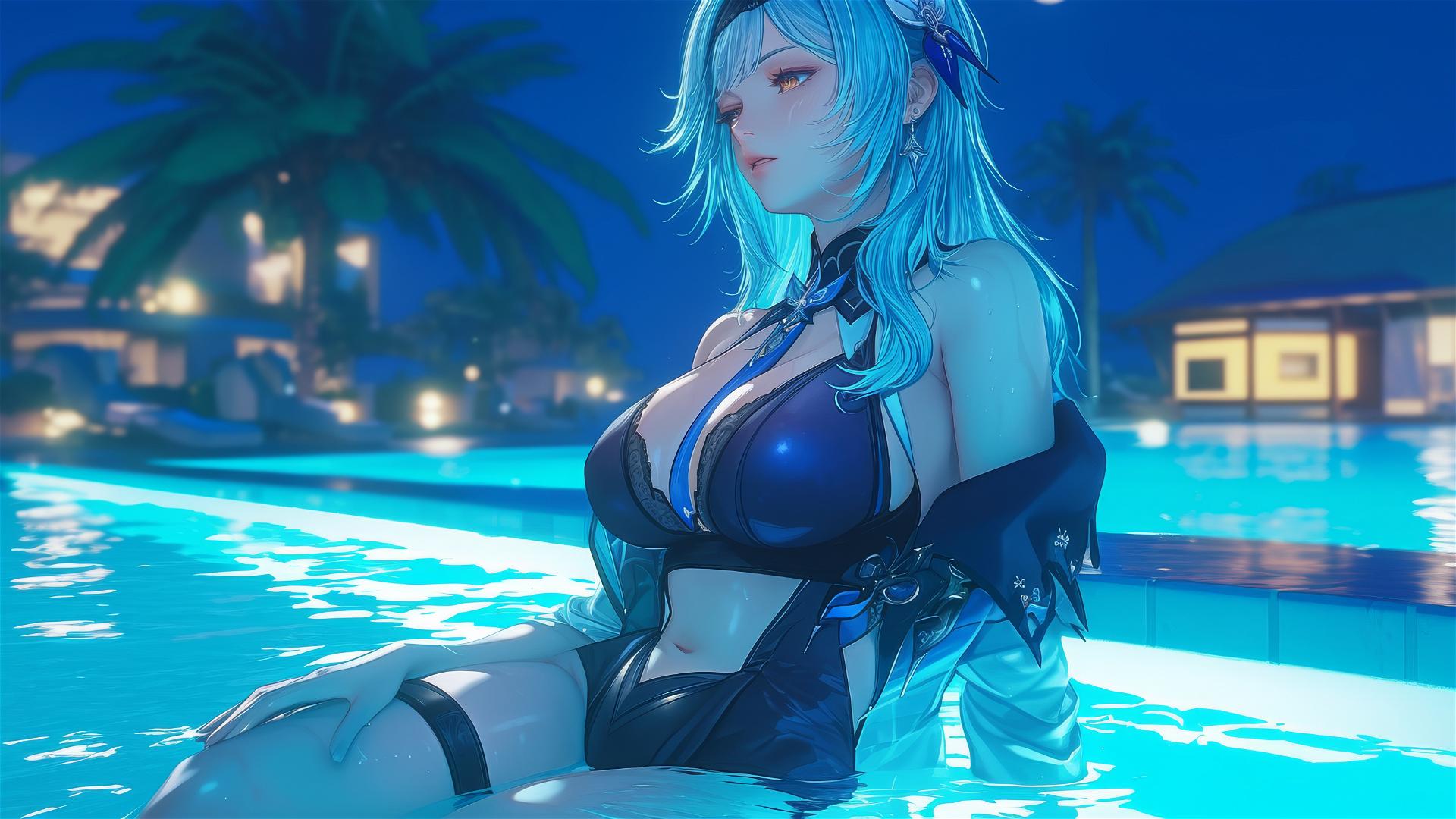 Eula Lawrence resting by a swimming pool under moonlight with light blue hair.