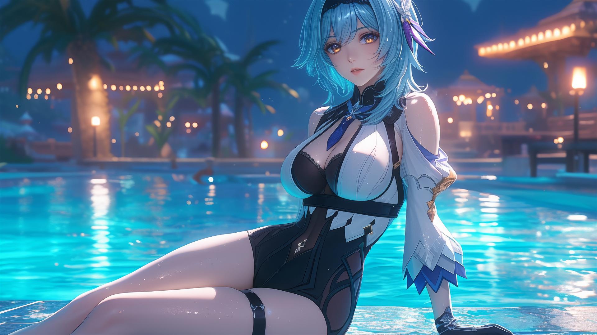 Eula Lawrence from Genshin Impact resting by a swimming pool under moonlight