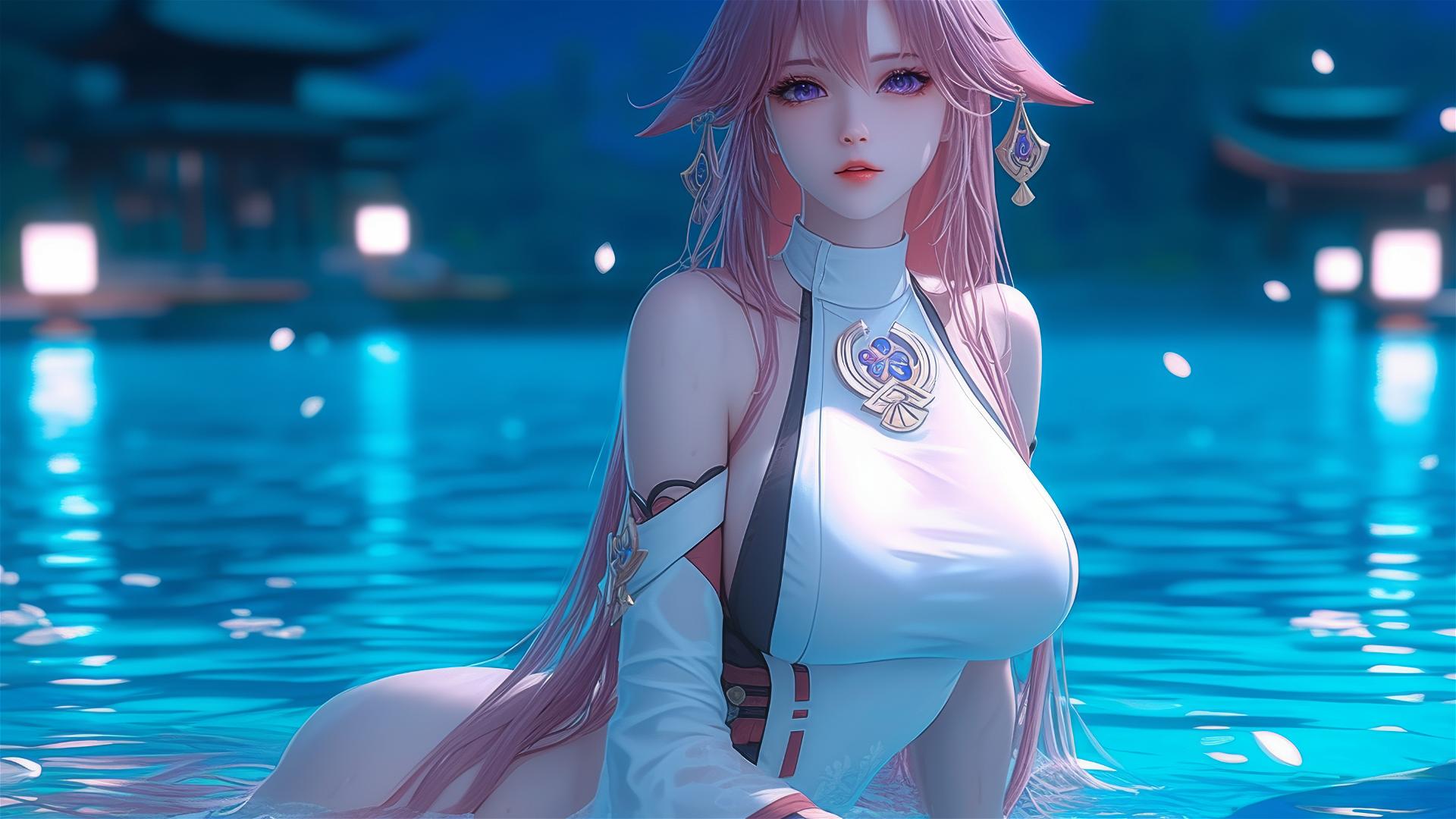 Yae Miko from Genshin Impact relaxing by the pool with moonlight glow