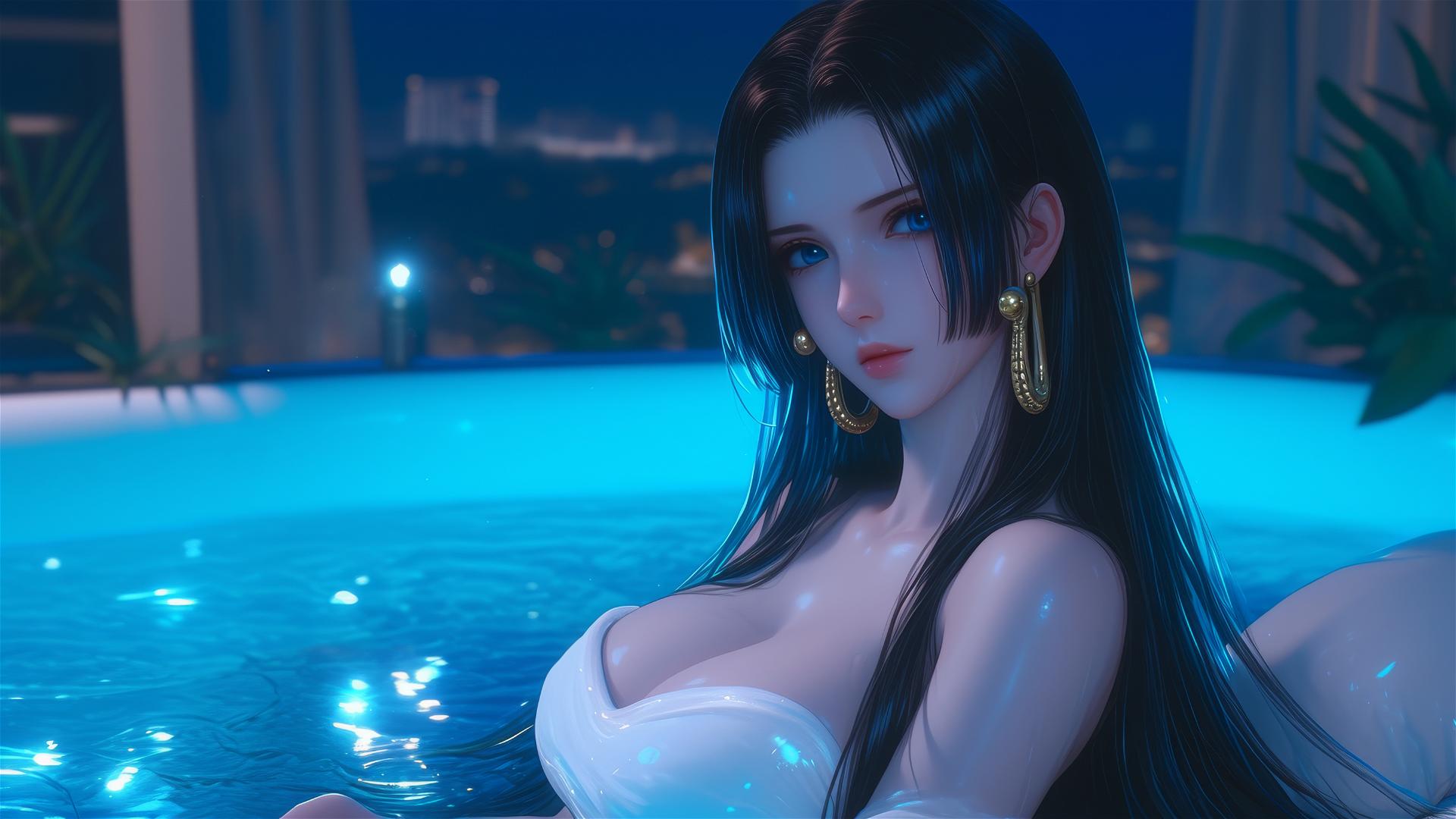Boa Hancock resting in a tub with moonlight casting a glow on her