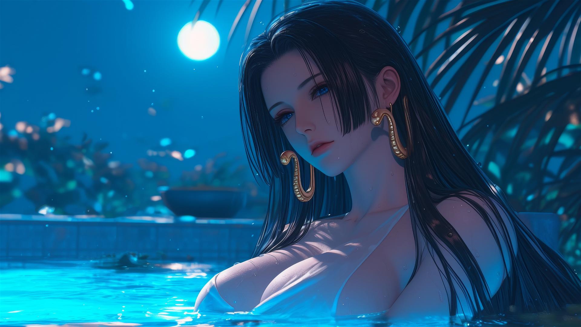 Boa Hancock resting in tub under moonlight