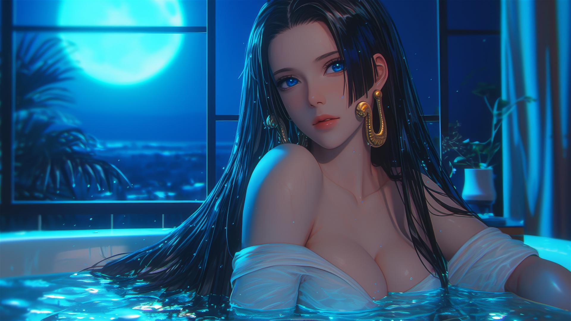 Boa Hancock rests in a tub under moonlight