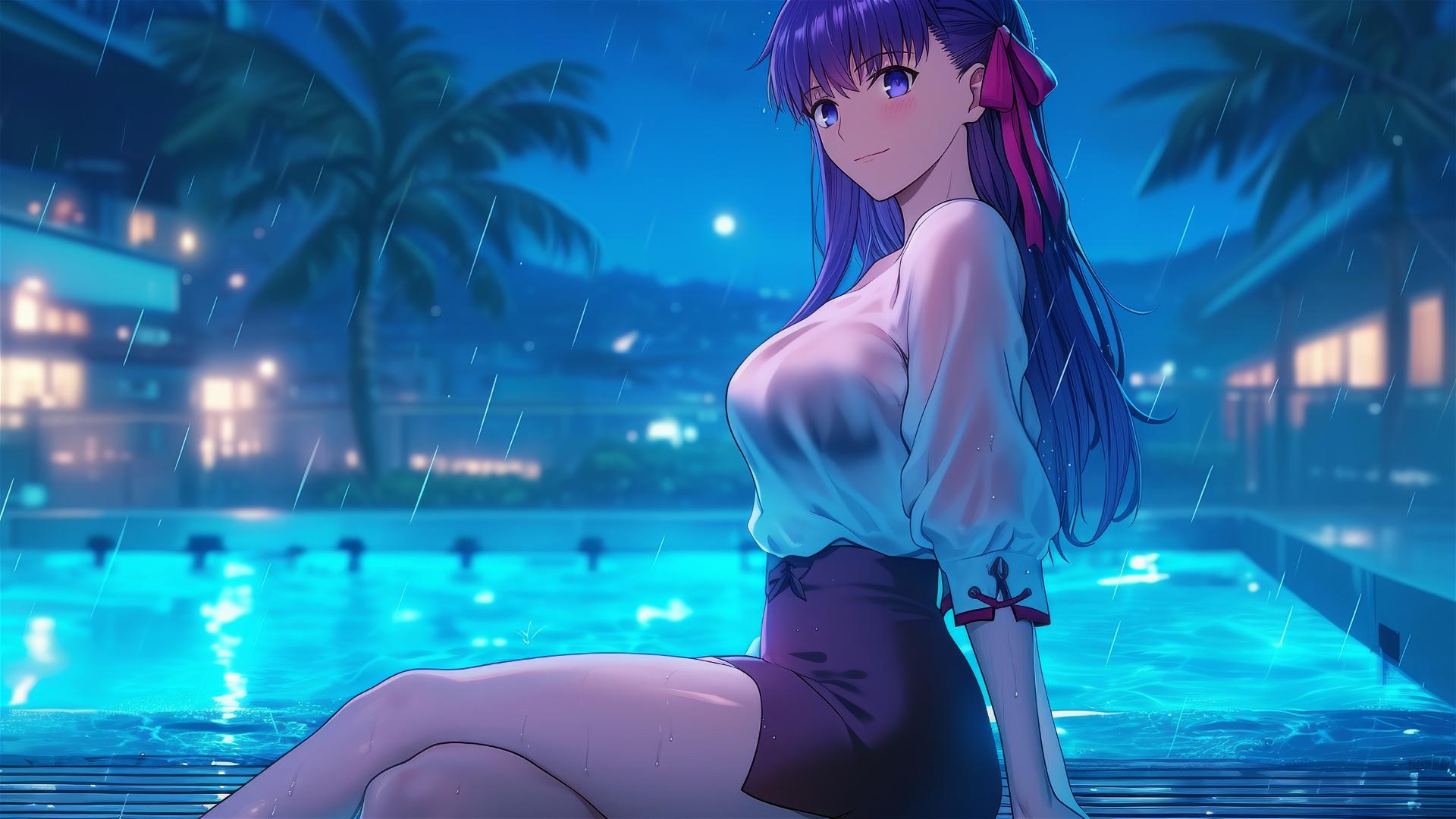 Sakura Matou rests by a rainy pool under moonlight, smiling, with violet hair and eyes.