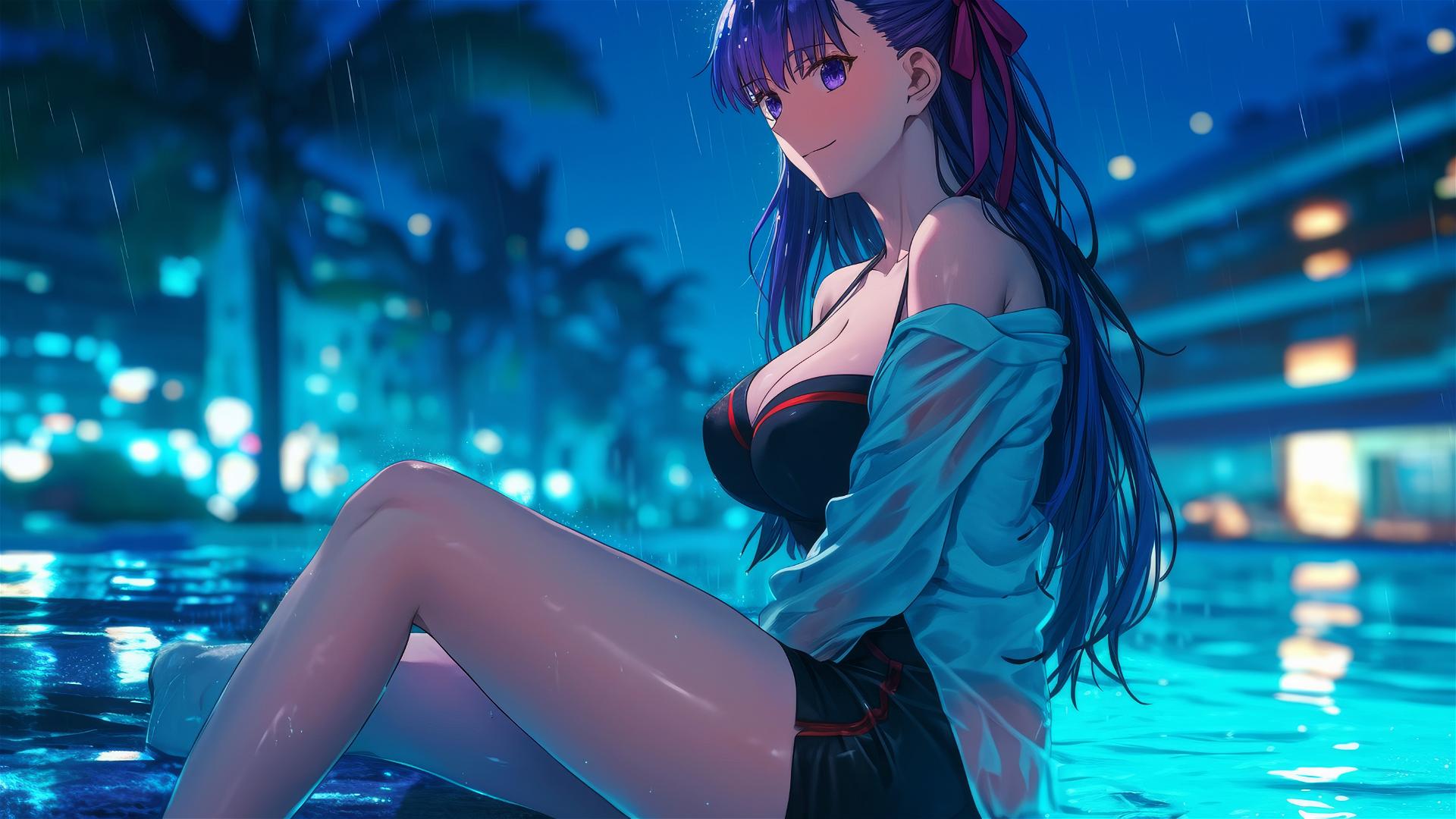 Sakura Matou from Fate/stay night resting by the rainy pool under moonlight