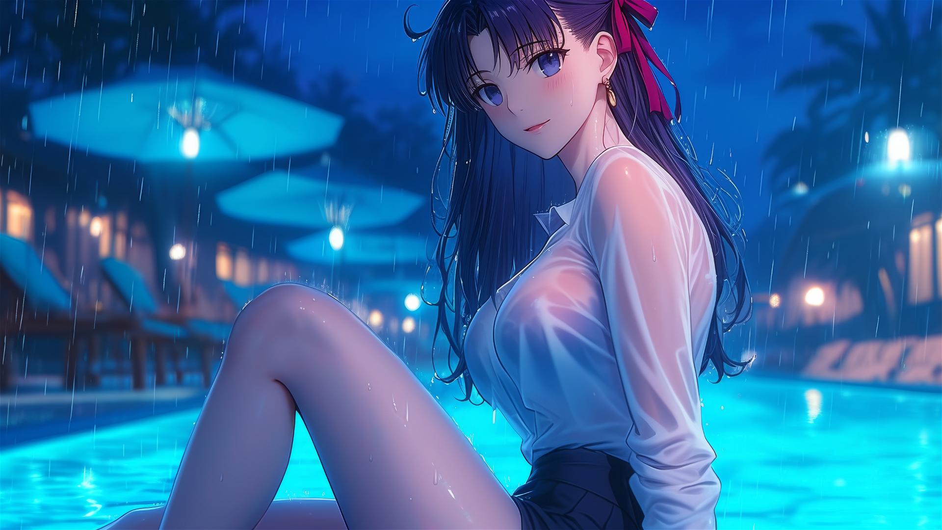 Sakura Matou from Fate/stay night resting by a rainy pool, moonlight glow