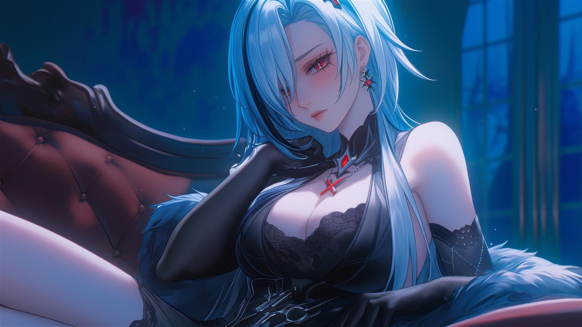 Arlecchino from Genshin Impact with black-streaked snow white hair resting in a moonlit modern hotel room.