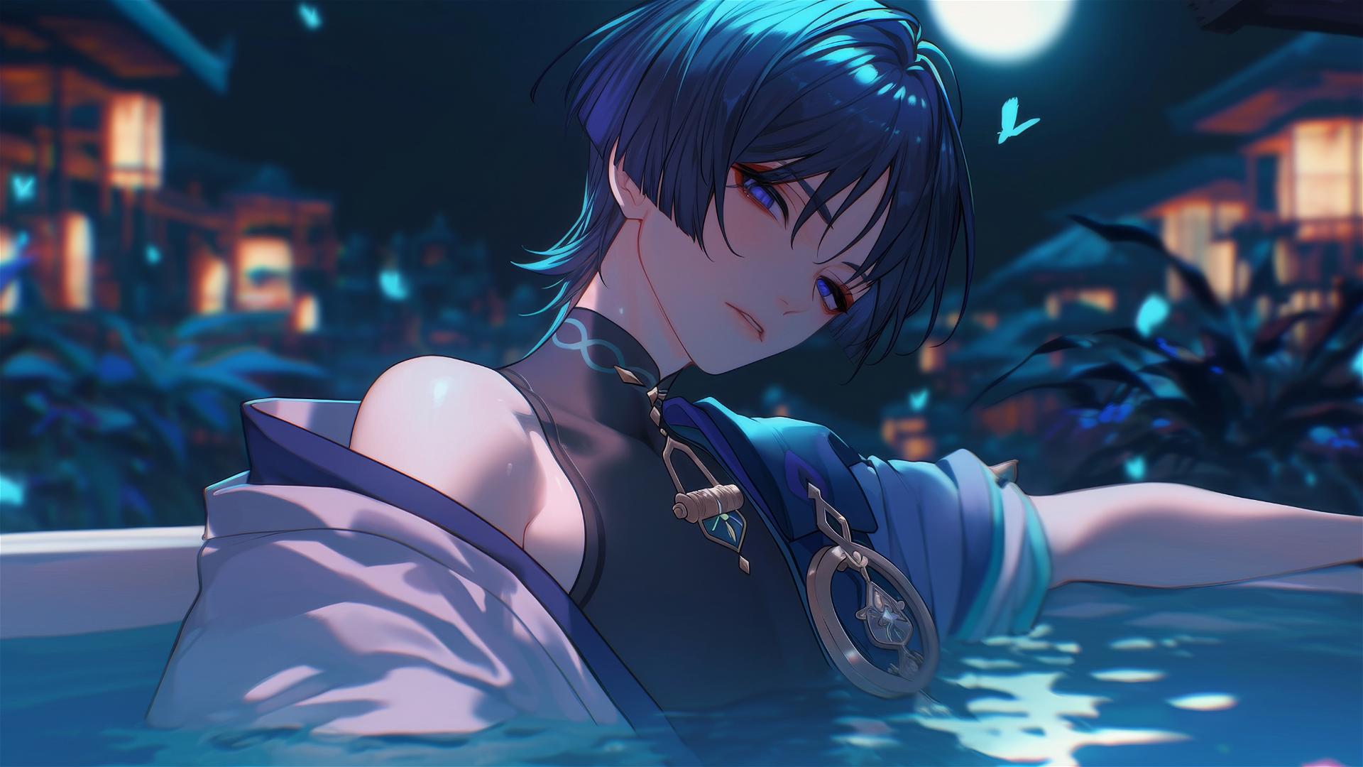 Scaramouche from Genshin Impact resting in a tub with moonlight glow
