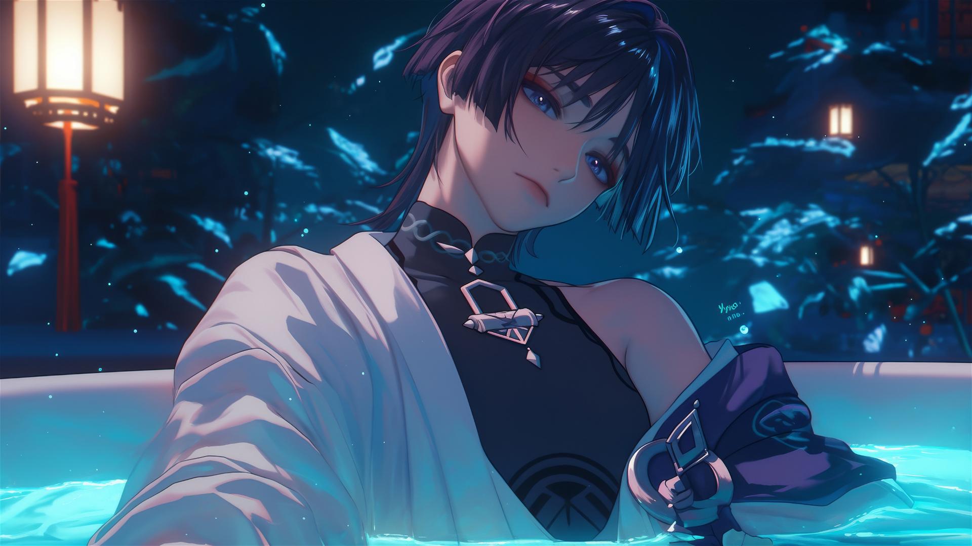 Scaramouche from Genshin Impact with short indigo hair, indigo eyes, and bold eyeliner, resting in a bathtub under moonlight.
