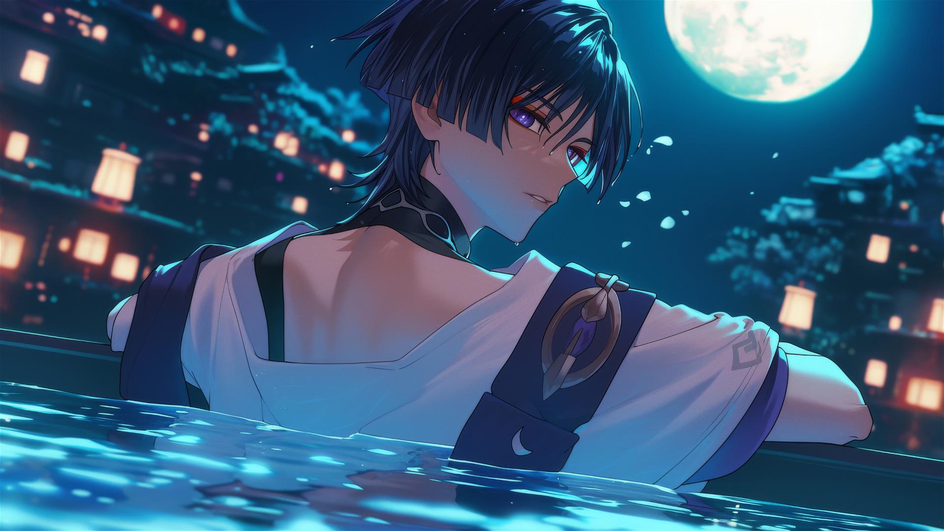 Scaramouche from Genshin Impact with indigo hair and eyes rests in a moonlit tub.