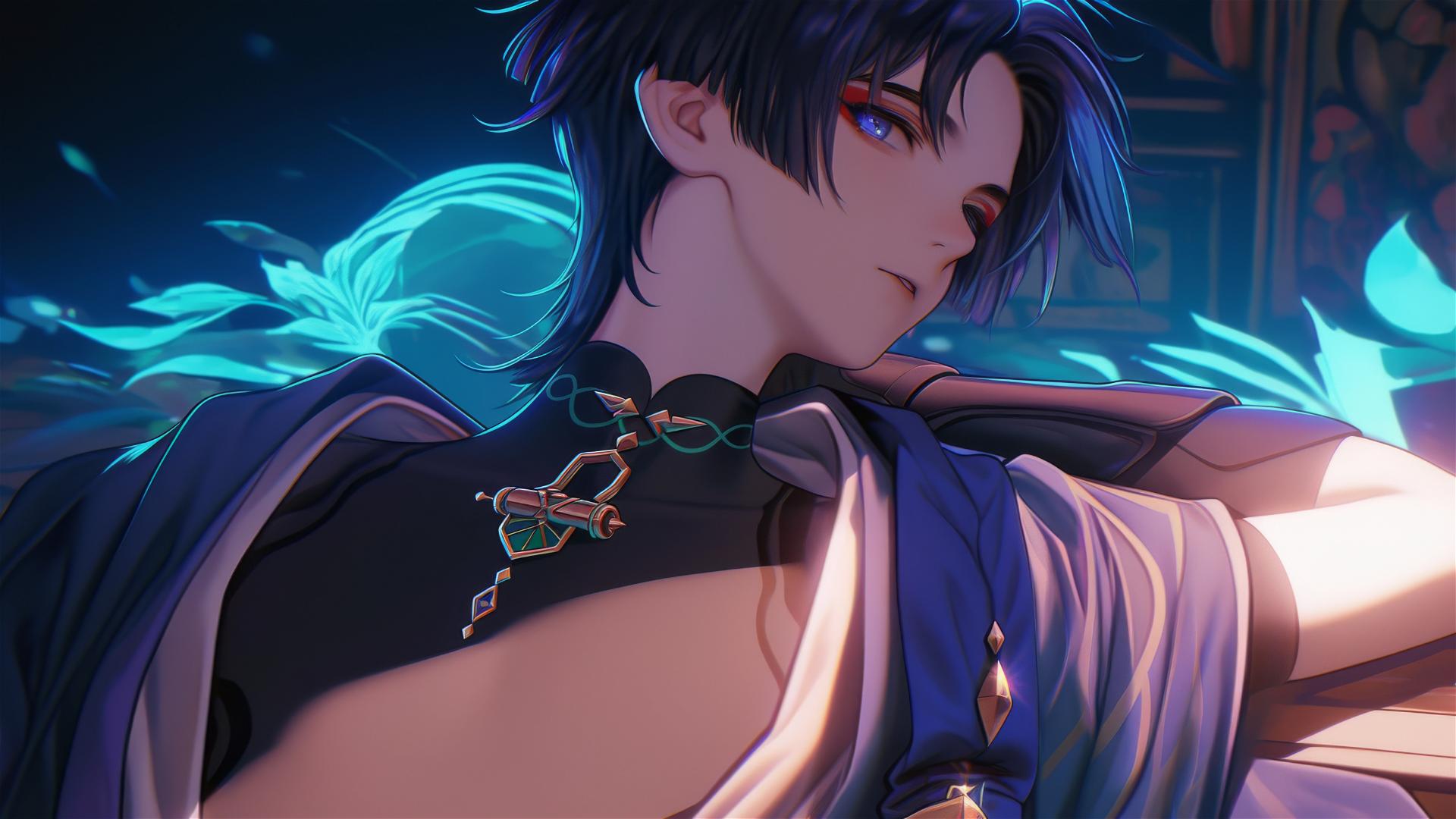 Scaramouche from Genshin Impact, slender with short indigo hair and bold eyeliner, resting in warm light.