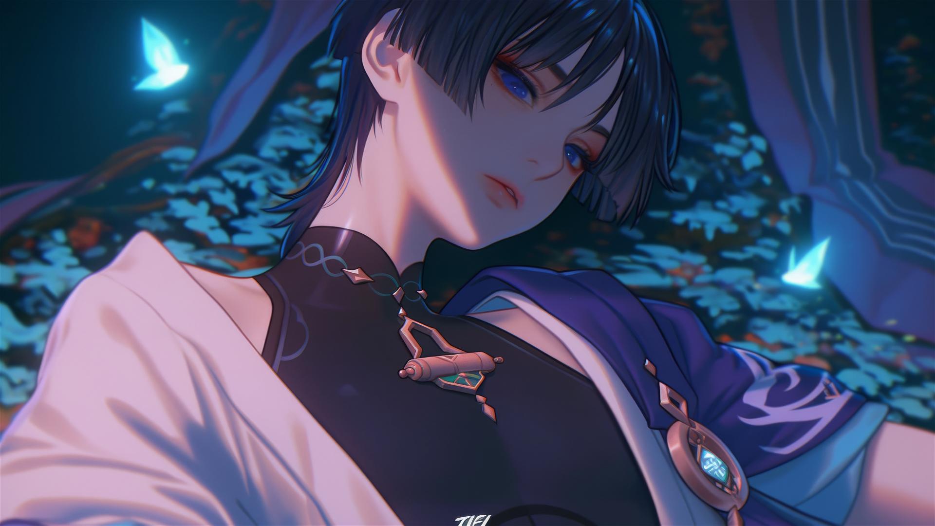 Scaramouche from Genshin Impact resting in warm light.