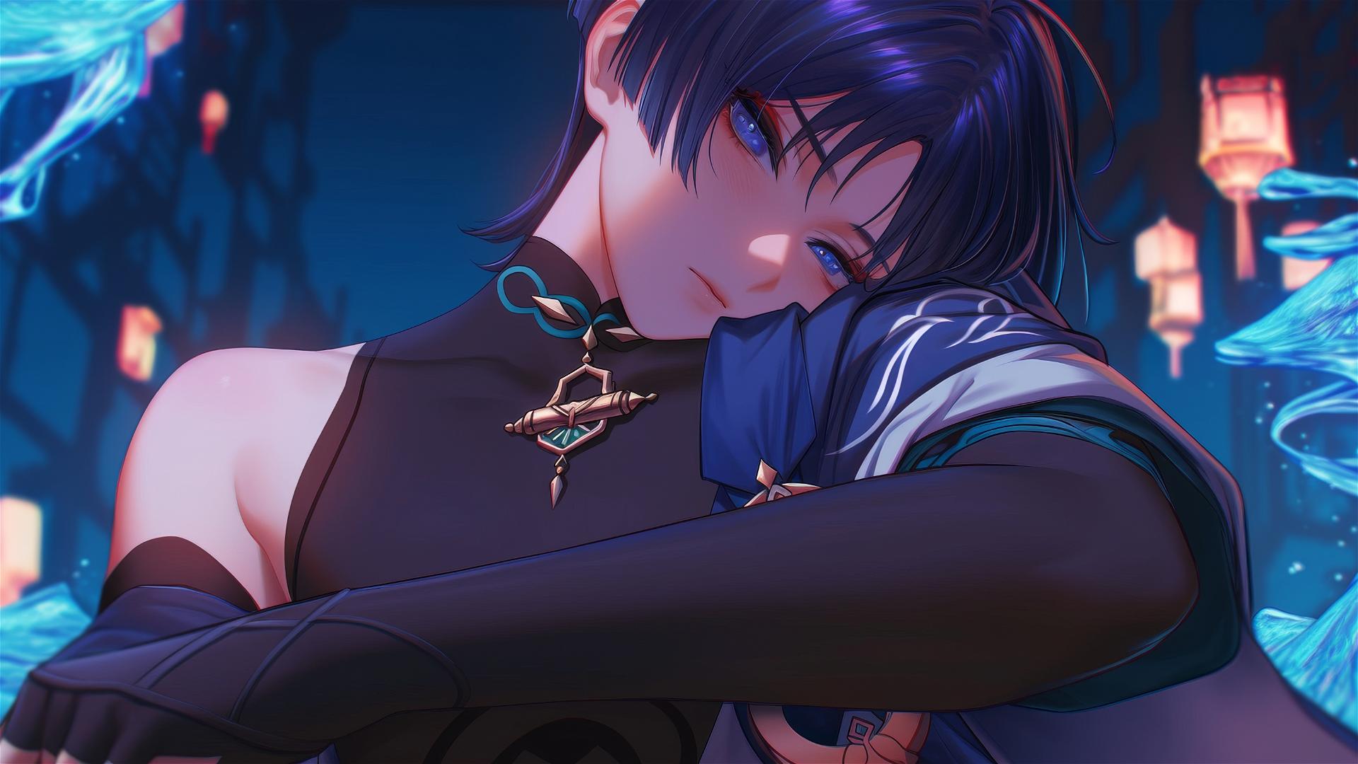 Scaramouche from Genshin Impact, thin with short indigo hair, indigo eyes, bold eyeliner. Resting in warm light.