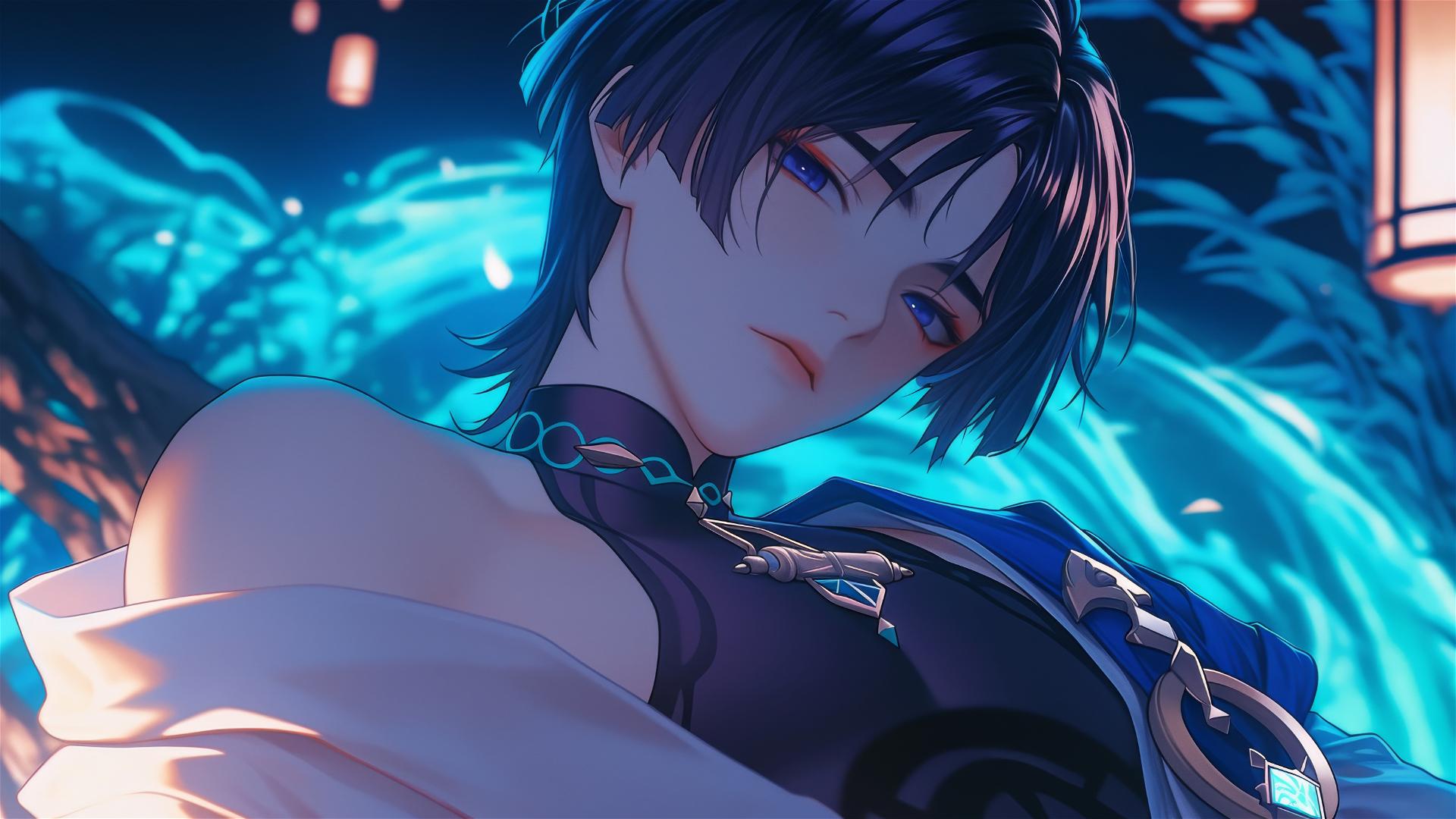 Scaramouche from Genshin Impact with short indigo hair and indigo eyes, resting in warm light