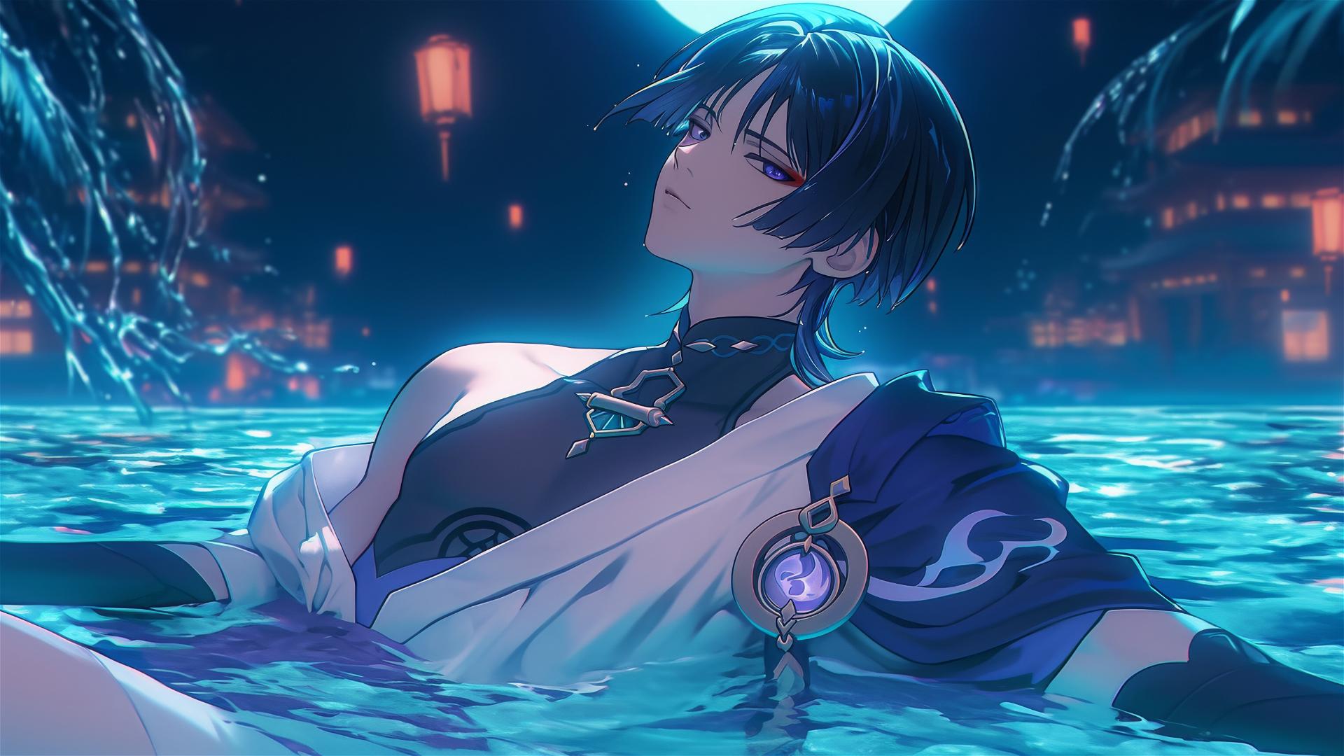 Scaramouche from Genshin Impact resting in a rainy swimming pool