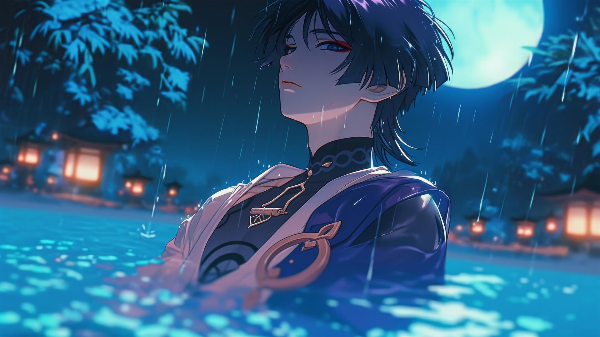 Scaramouche from Genshin Impact resting in a rainy swimming pool under moonlight.