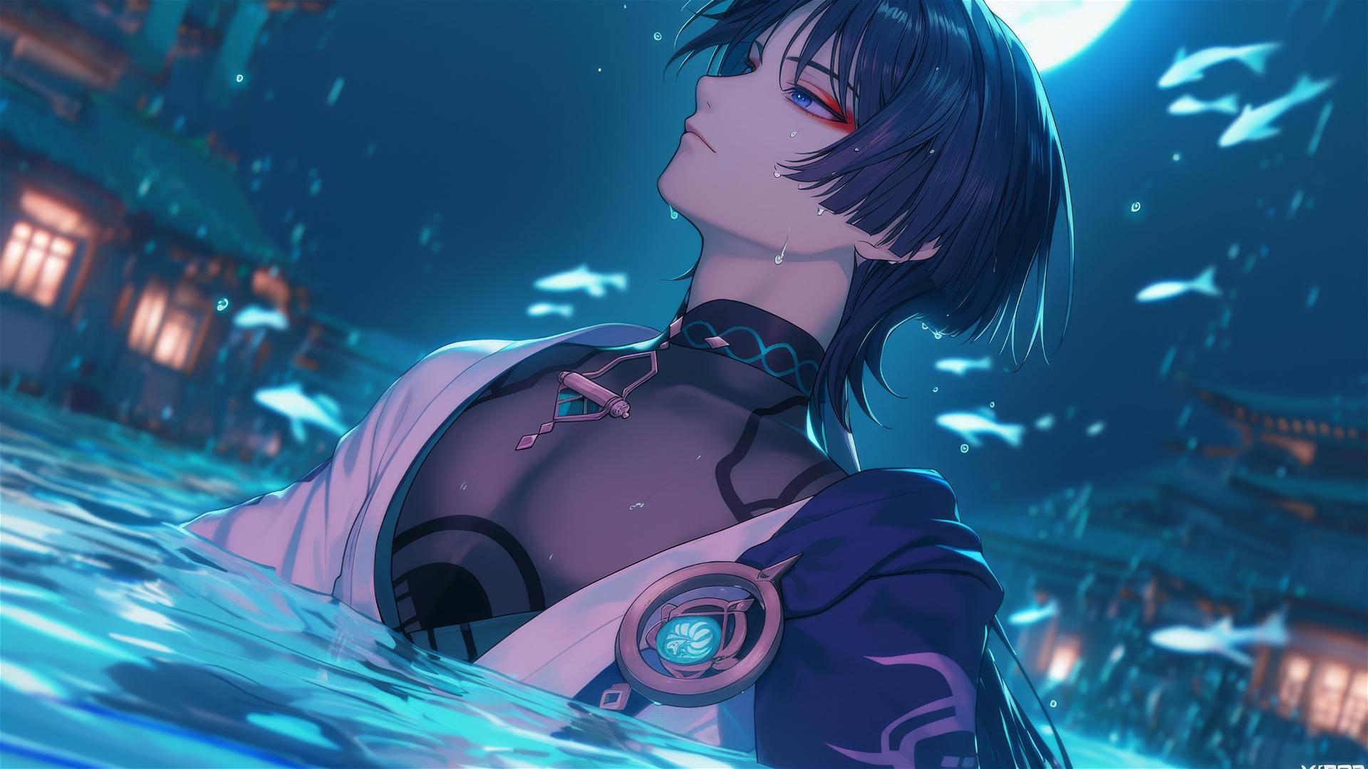 Scaramouche from Genshin Impact, resting in a rainy pool with moonlight.