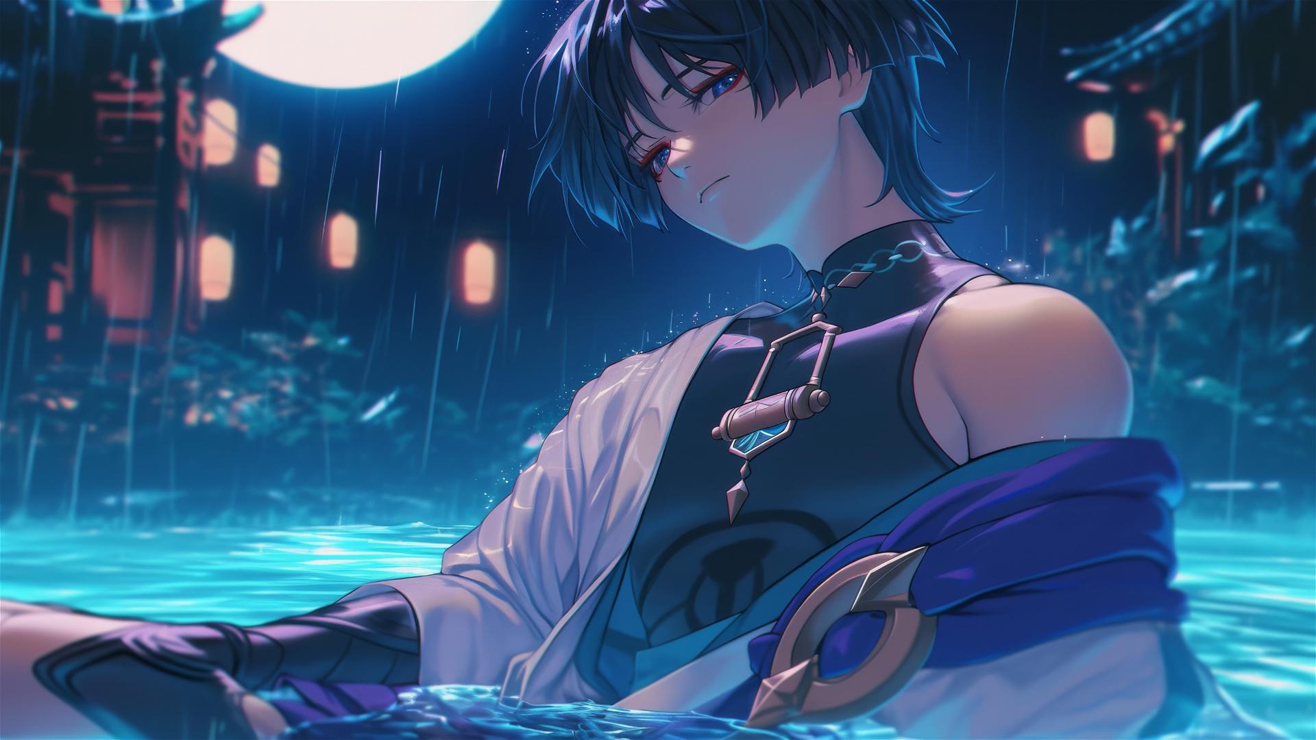 Scaramouche from Genshin Impact with indigo hair and eyes, relaxing in a rainy swimming pool under soft moonlight.