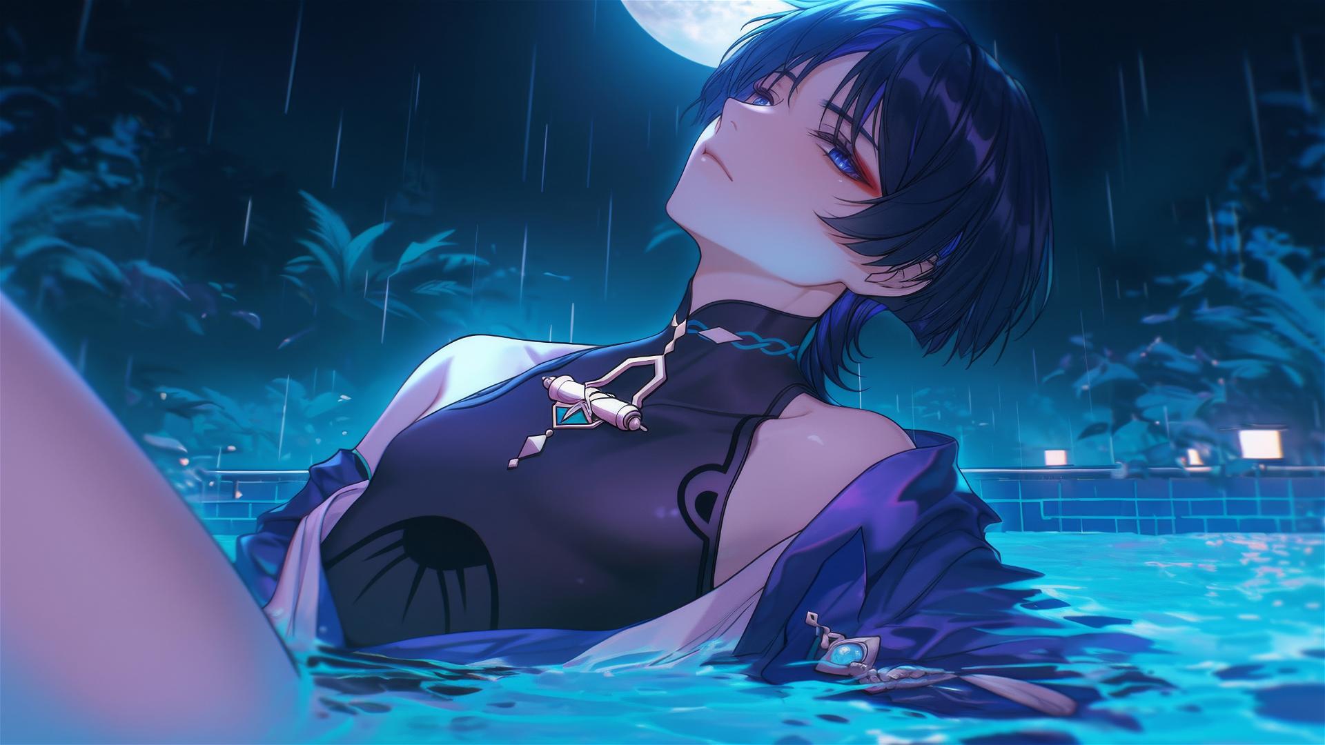 Scaramouche from Genshin Impact resting in a rainy swimming pool, moonlight casting a glow on his figure