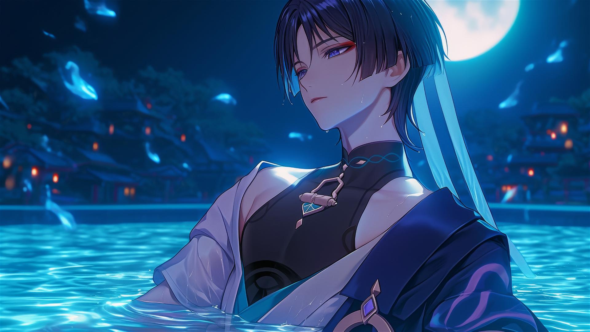 Scaramouche from Genshin Impact resting in a rainy swimming pool under moonlight.