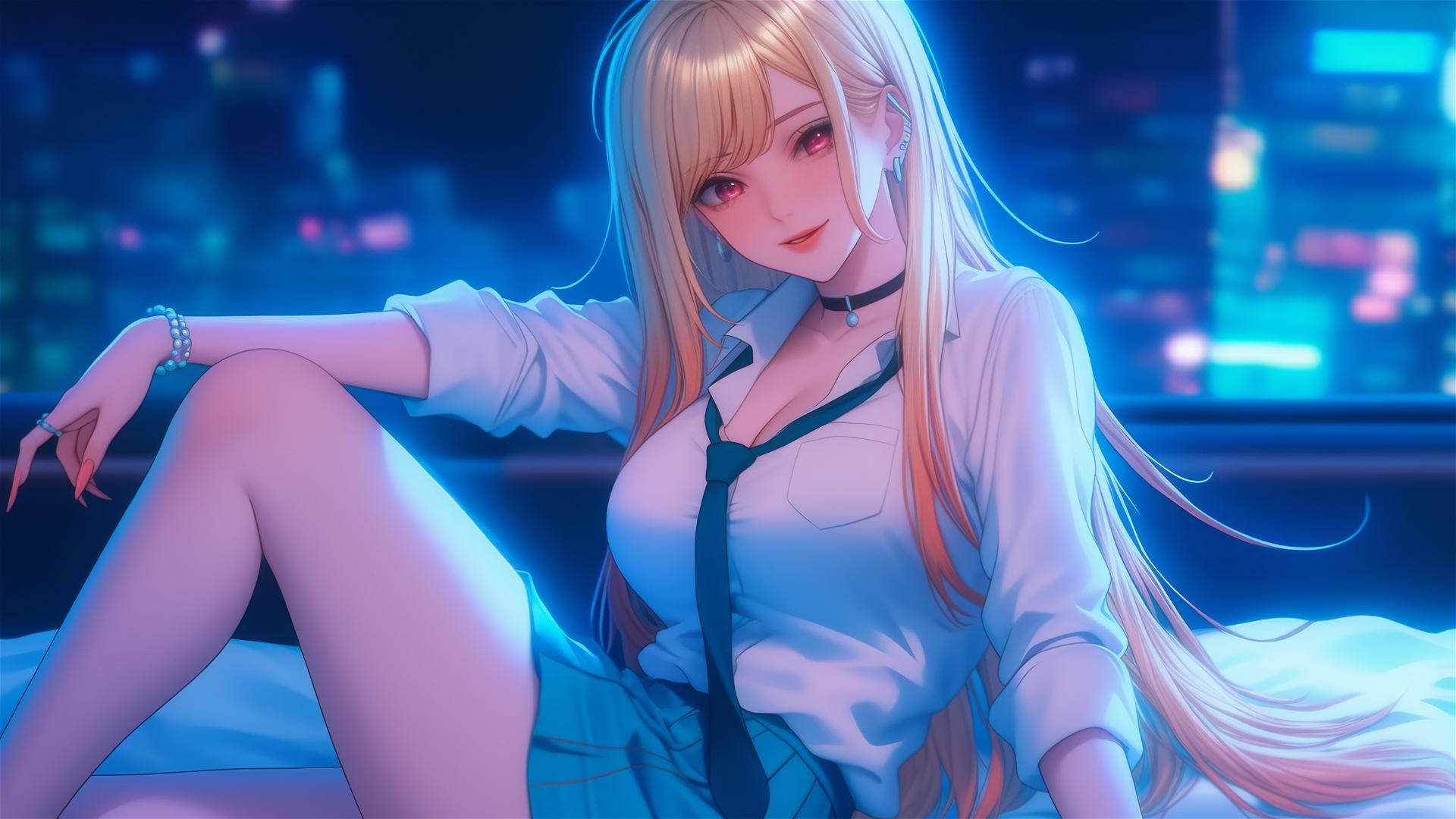 Marin Kitagawa sitting on a hotel bed, moonlight glow, silky blonde hair with pink tips, pinkish eyes.