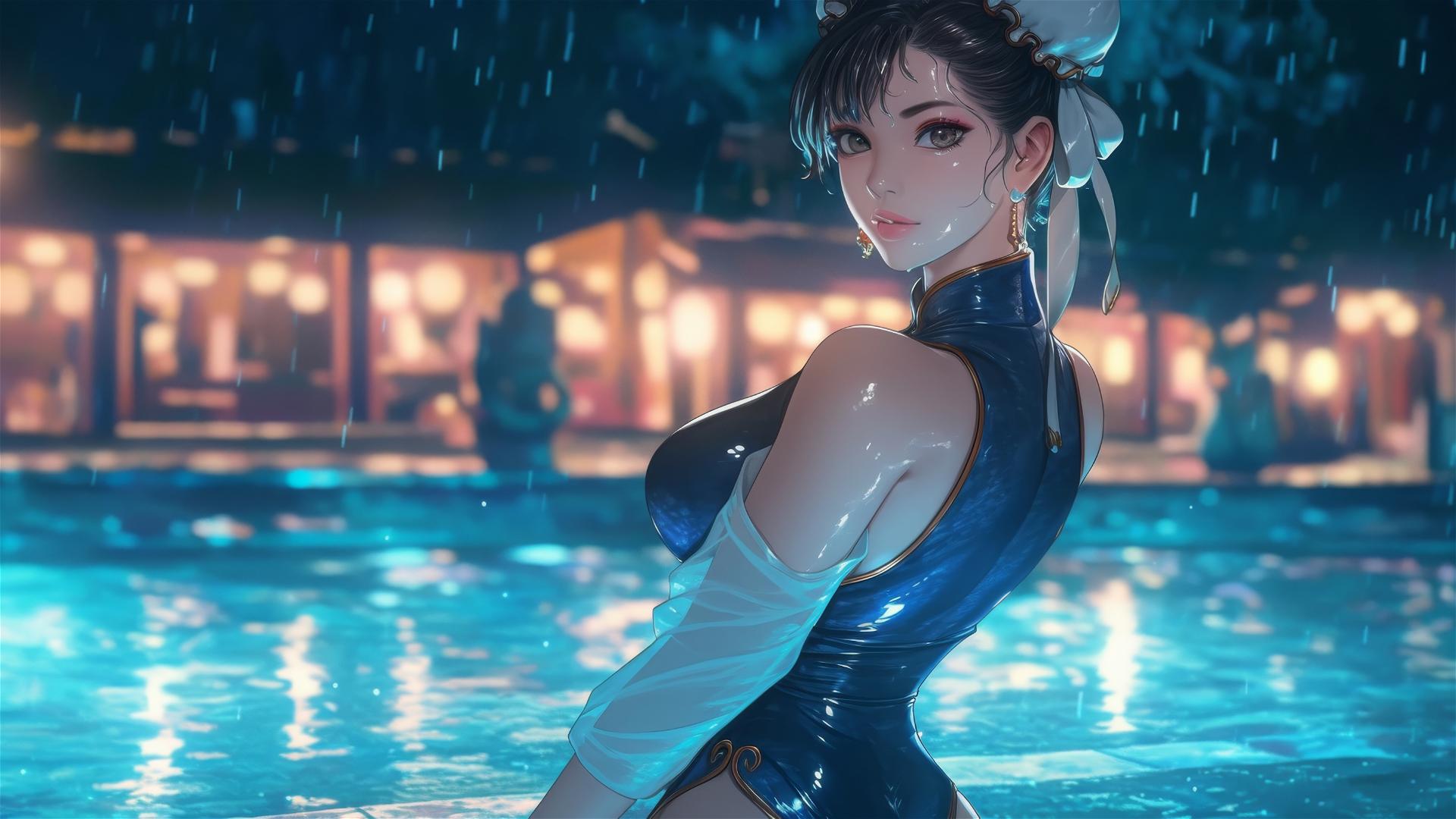 Chun Li standing in rainy swimming pool under moonlight
