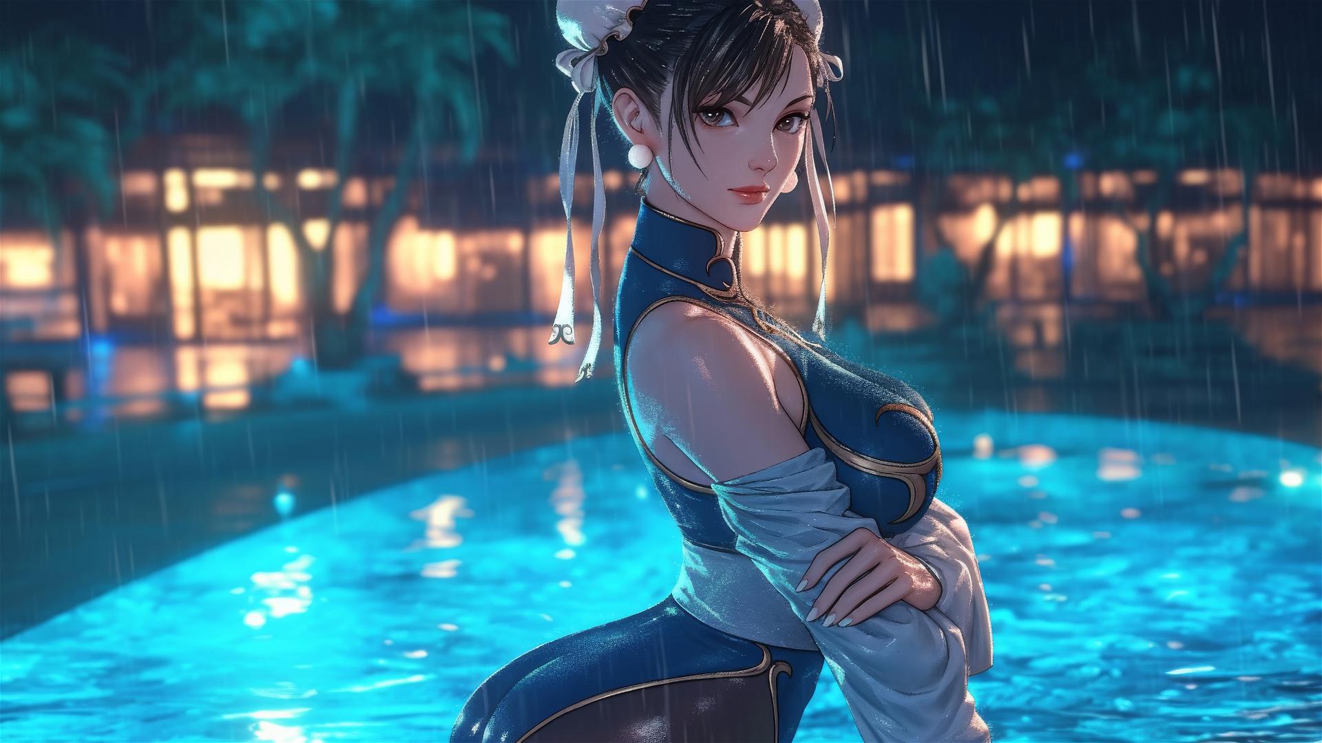 Chun Li standing in a rainy swimming pool illuminated by moonlight