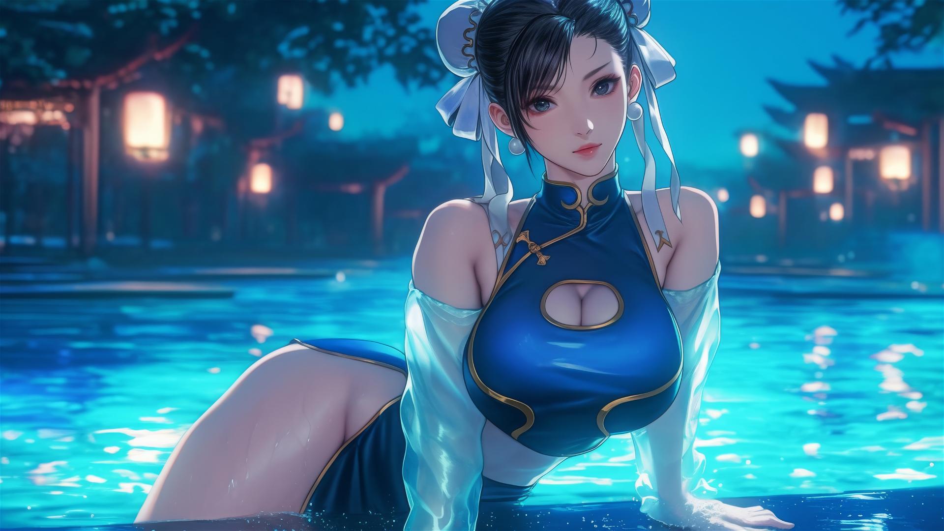Chun Li resting at rainy swimming pool with moonlight glow