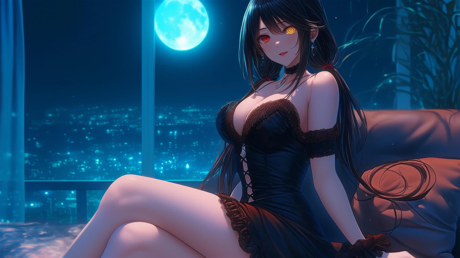 Kurumi Tokisaki resting in a modern hotel room with moonlight glow and two-colored eyes