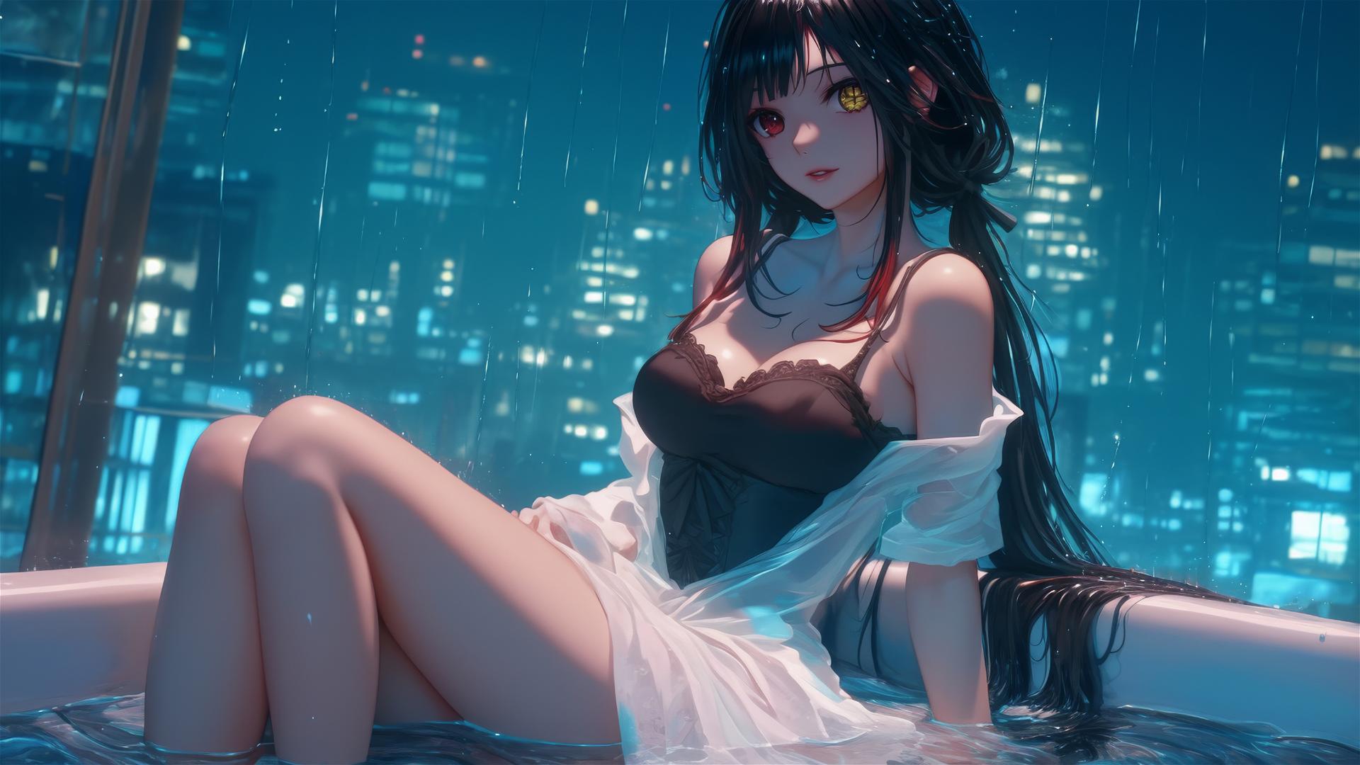 Kurumi Tokisaki with heterochromia sitting in a tub, moonlit, in a white dress.