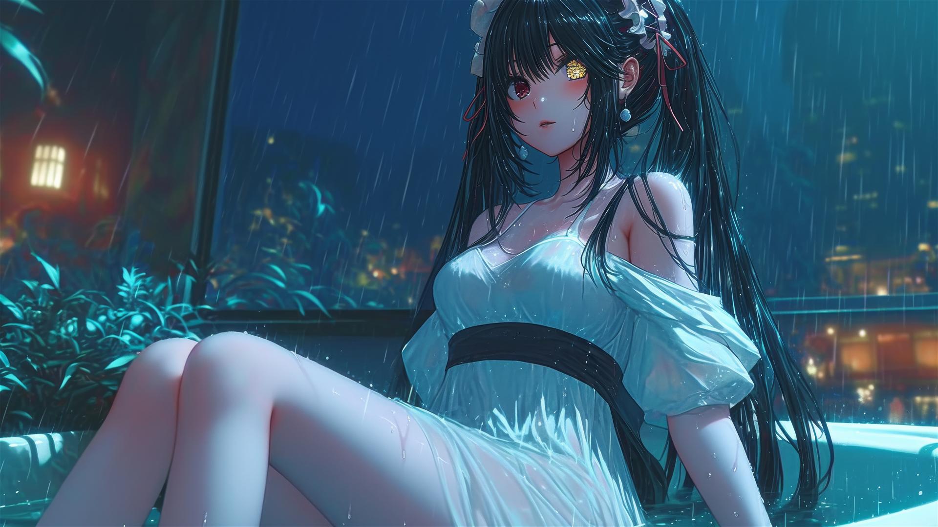 Kurumi Tokisaki sitting in a tub, illuminated by moonlight, wearing a white dress.