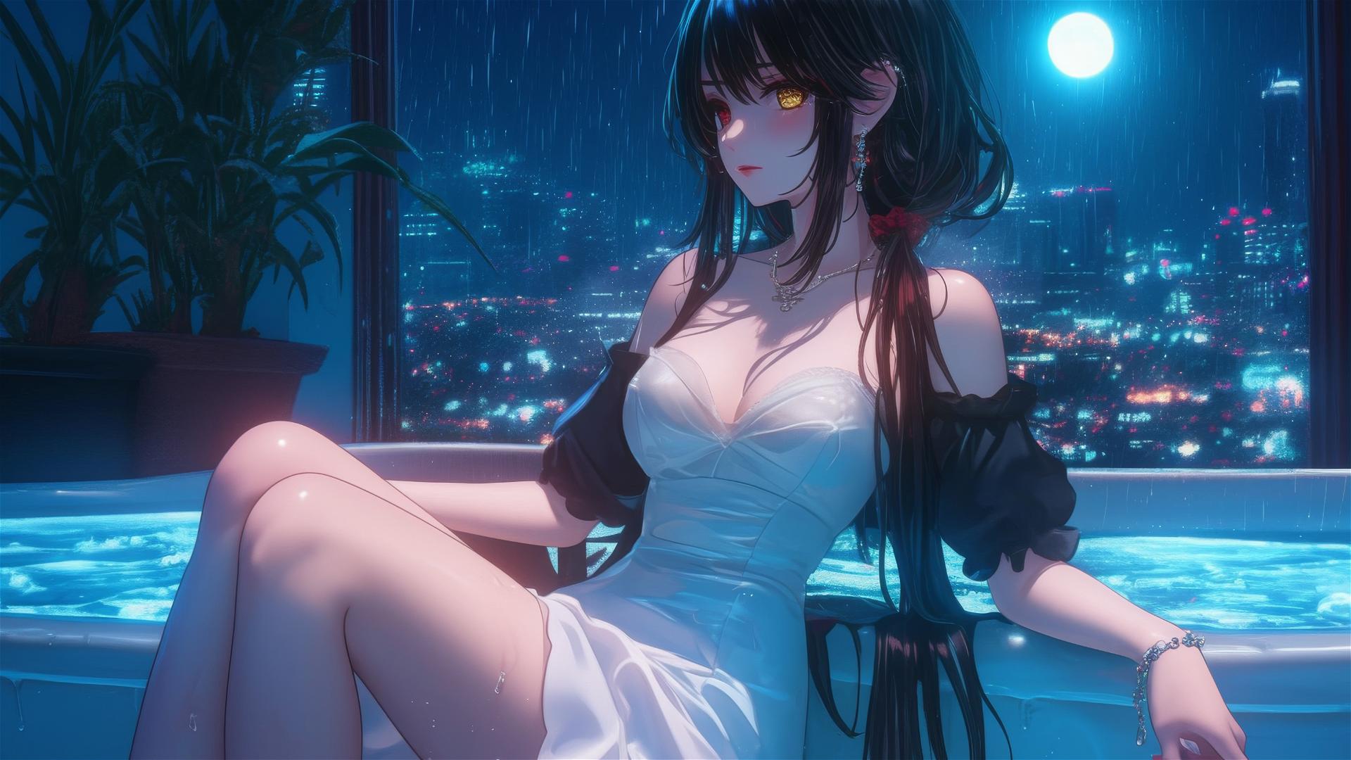 Kurumi Tokisaki from Date A Live resting in tub with moonlight glow.