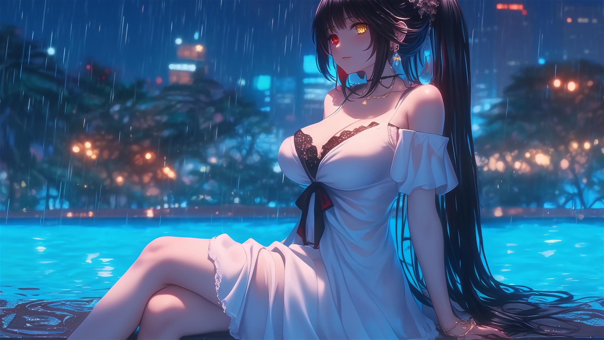 Kurumi Tokisaki with heterochromatic eyes, resting in a tub under moonlight.