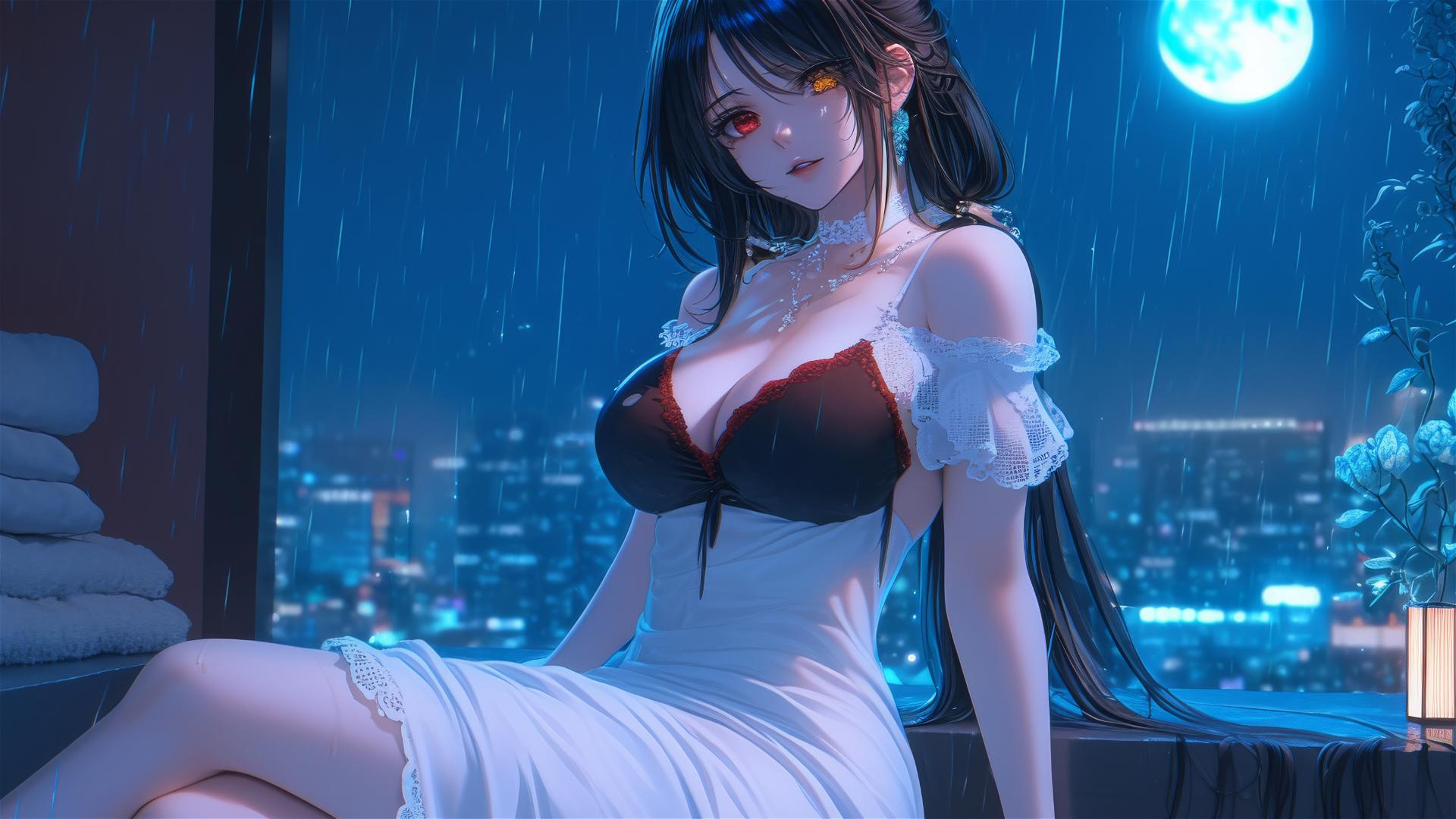 Kurumi Tokisaki resting in a tub, moonlight glow, white dress, rainy night.