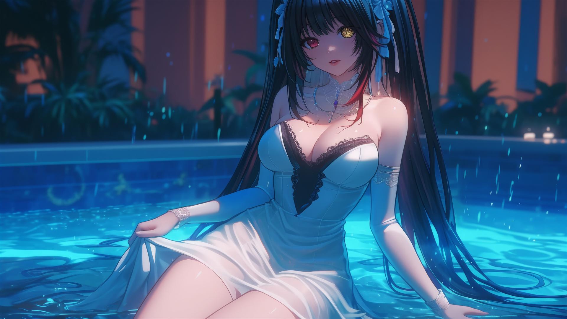 Kurumi Tokisaki resting in white dress in a moonlit tub with one red and one yellow eye.