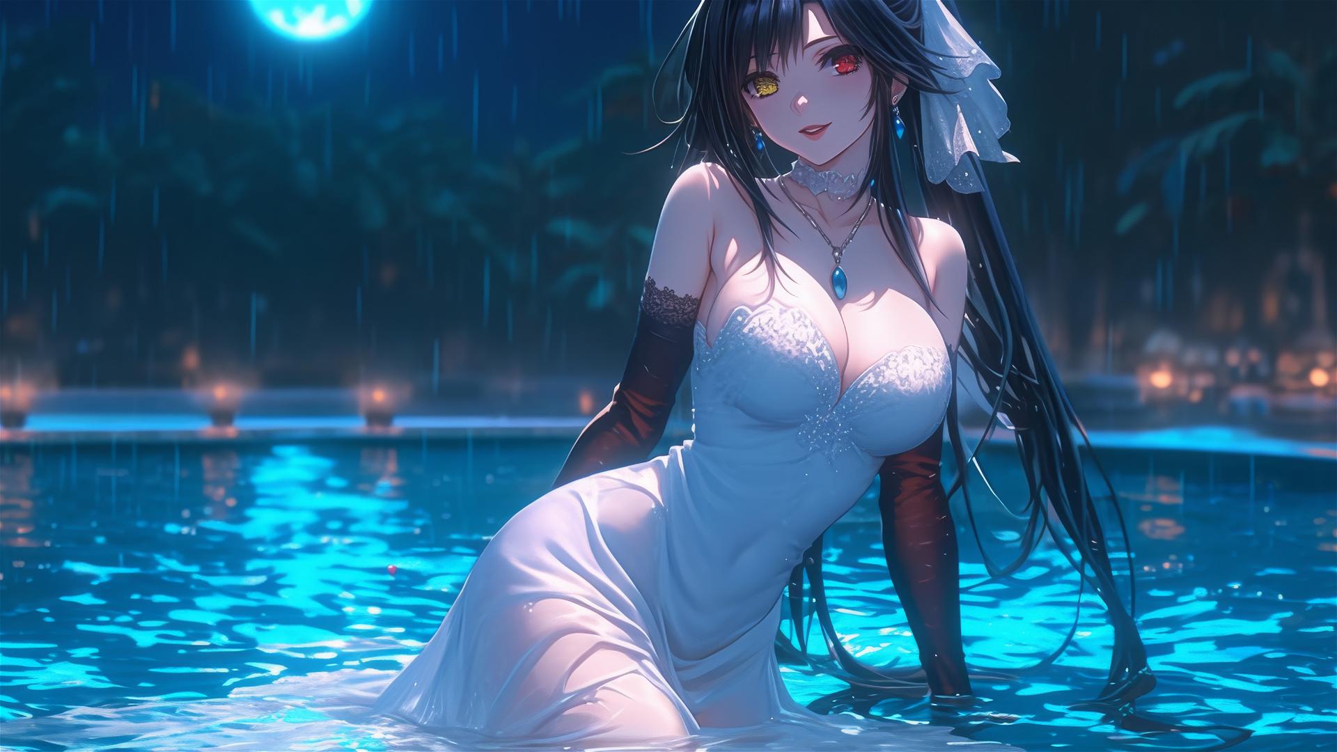 Kurumi Tokisaki standing in a rainy swimming pool, illuminated by moonlight.