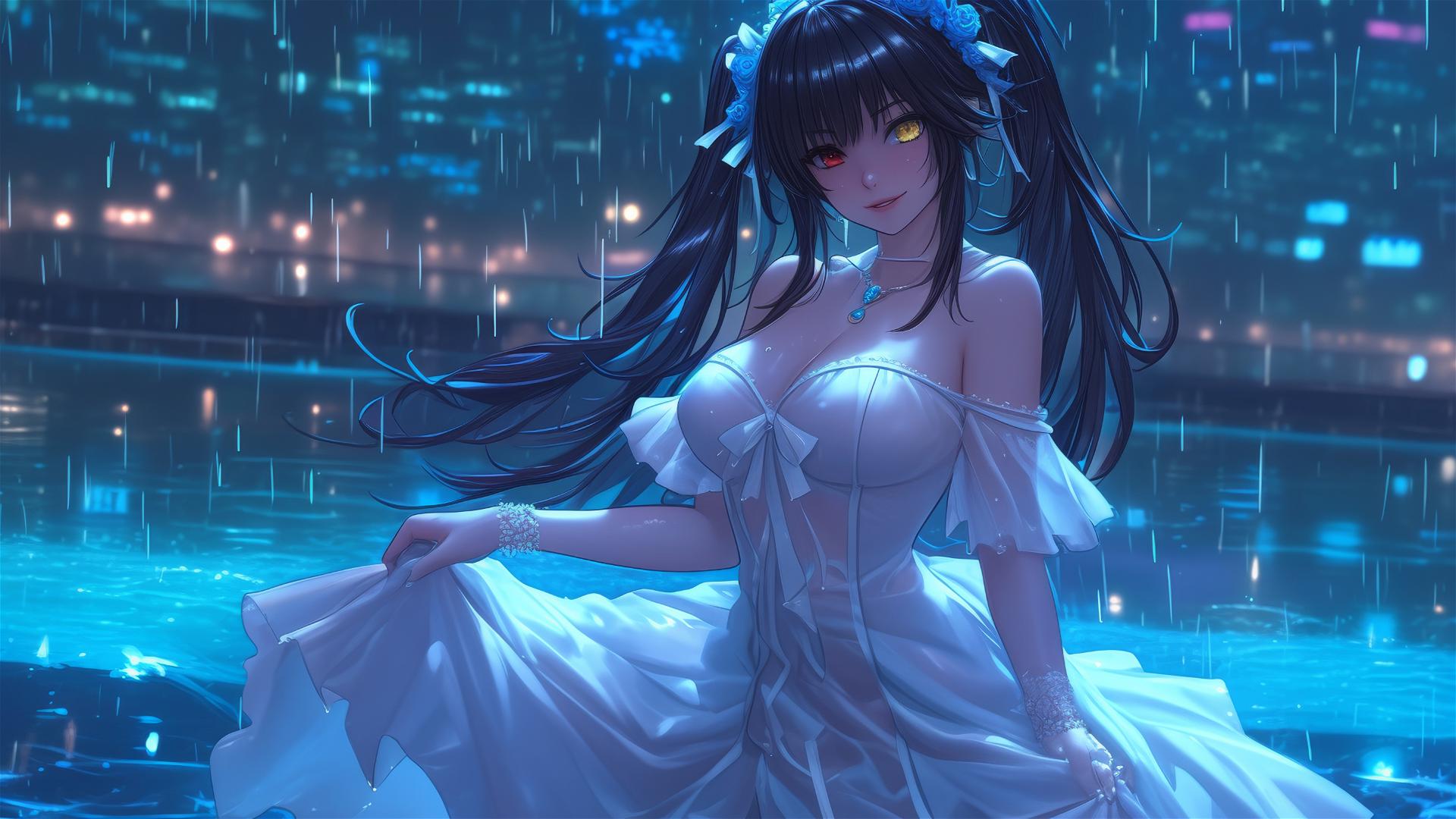 Kurumi Tokisaki from Date A Live stands in a rainy swimming pool under moonlight, in a white dress.