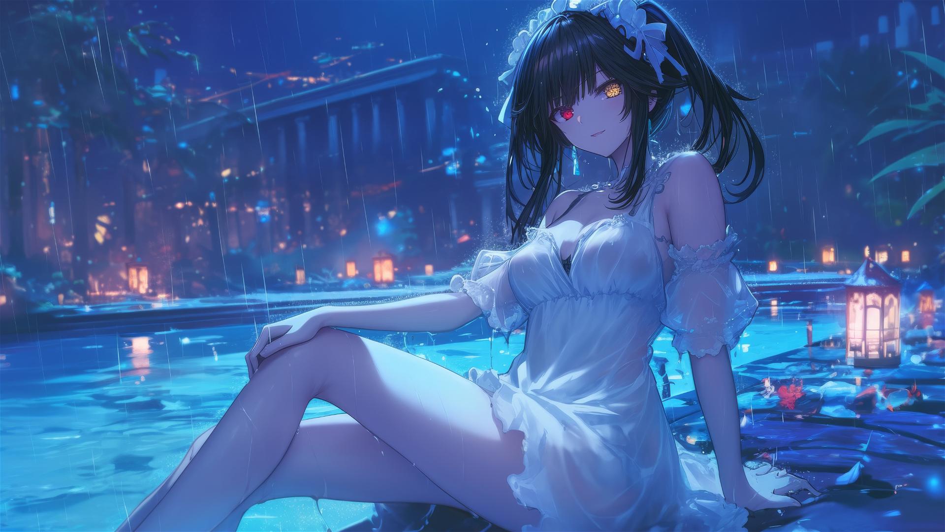 Kurumi Tokisaki standing in a rainy swimming pool under moonlight, wearing a white dress, with one red and one yellow eye