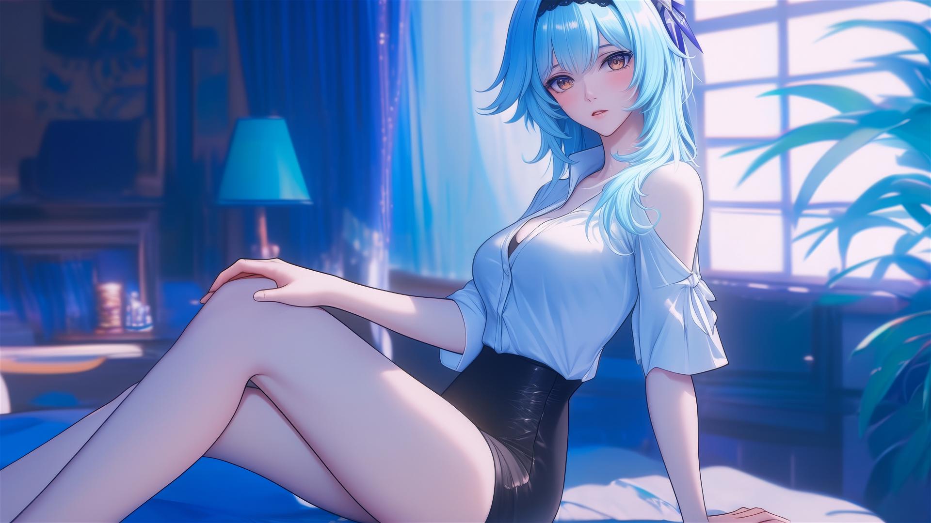 Eula Lawrence from Genshin Impact resting in a modern hotel room under moonlight.