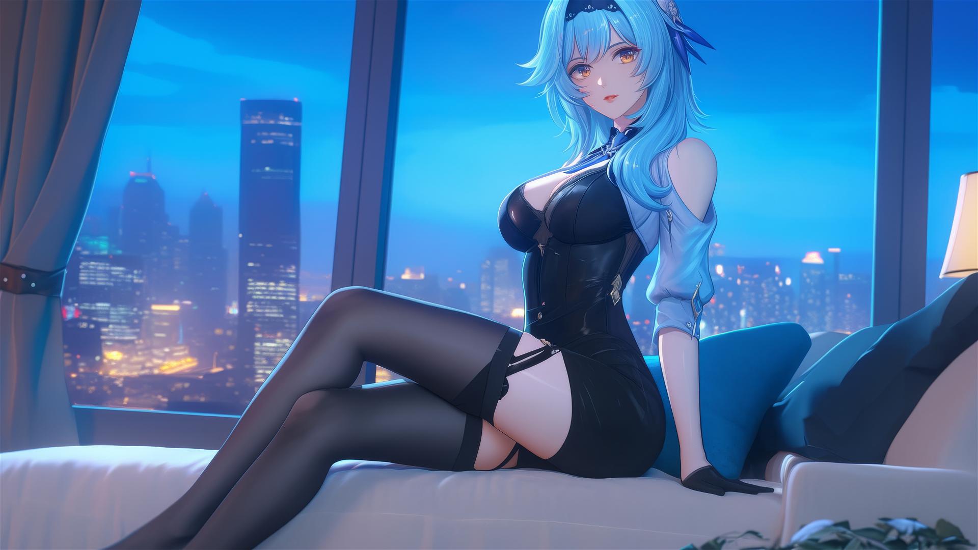 Eula Lawrence from Genshin Impact resting in a modern hotel room with moonlight glow.
