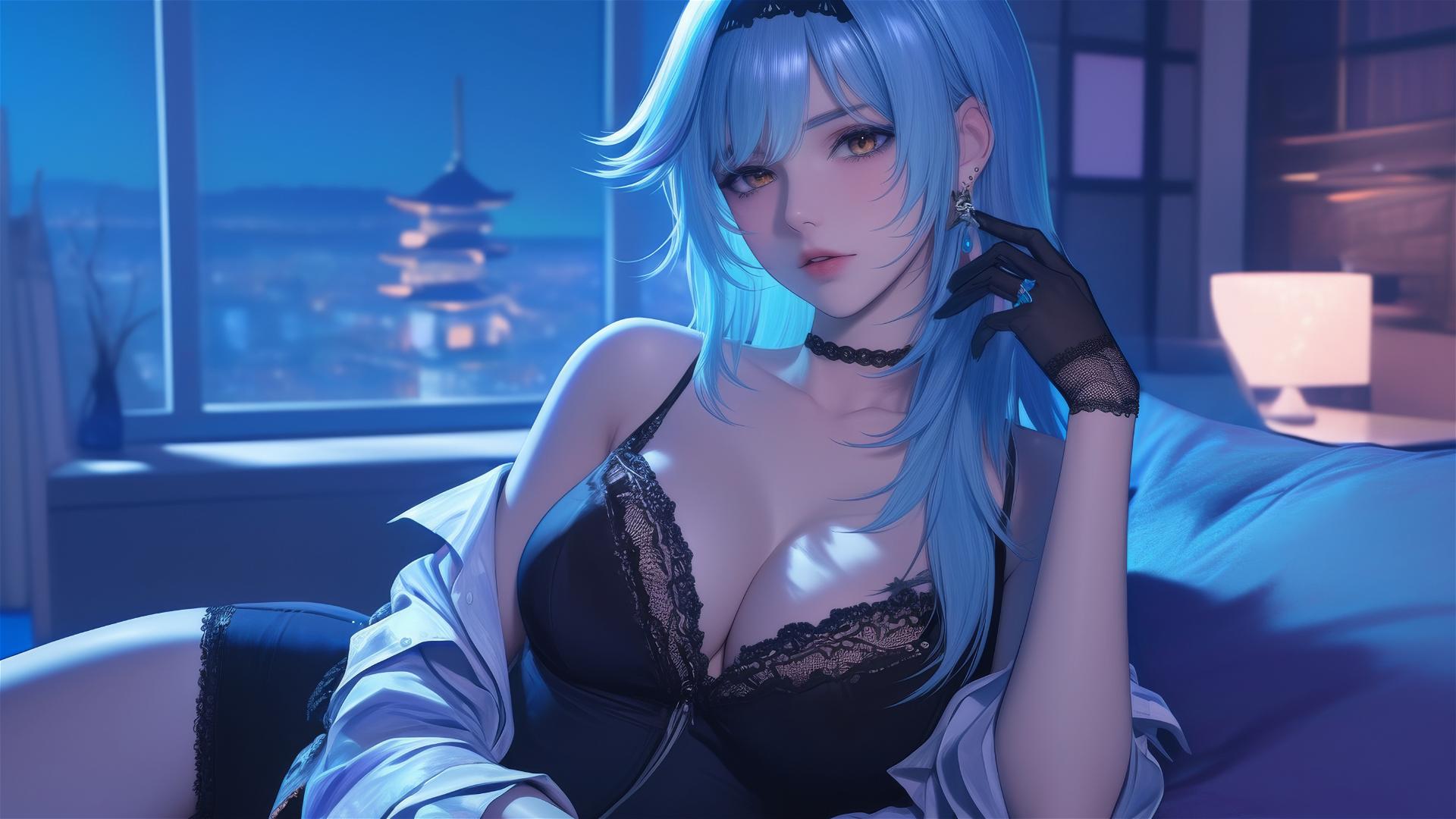 Eula Lawrence resting in a modern hotel room with moonlight glow